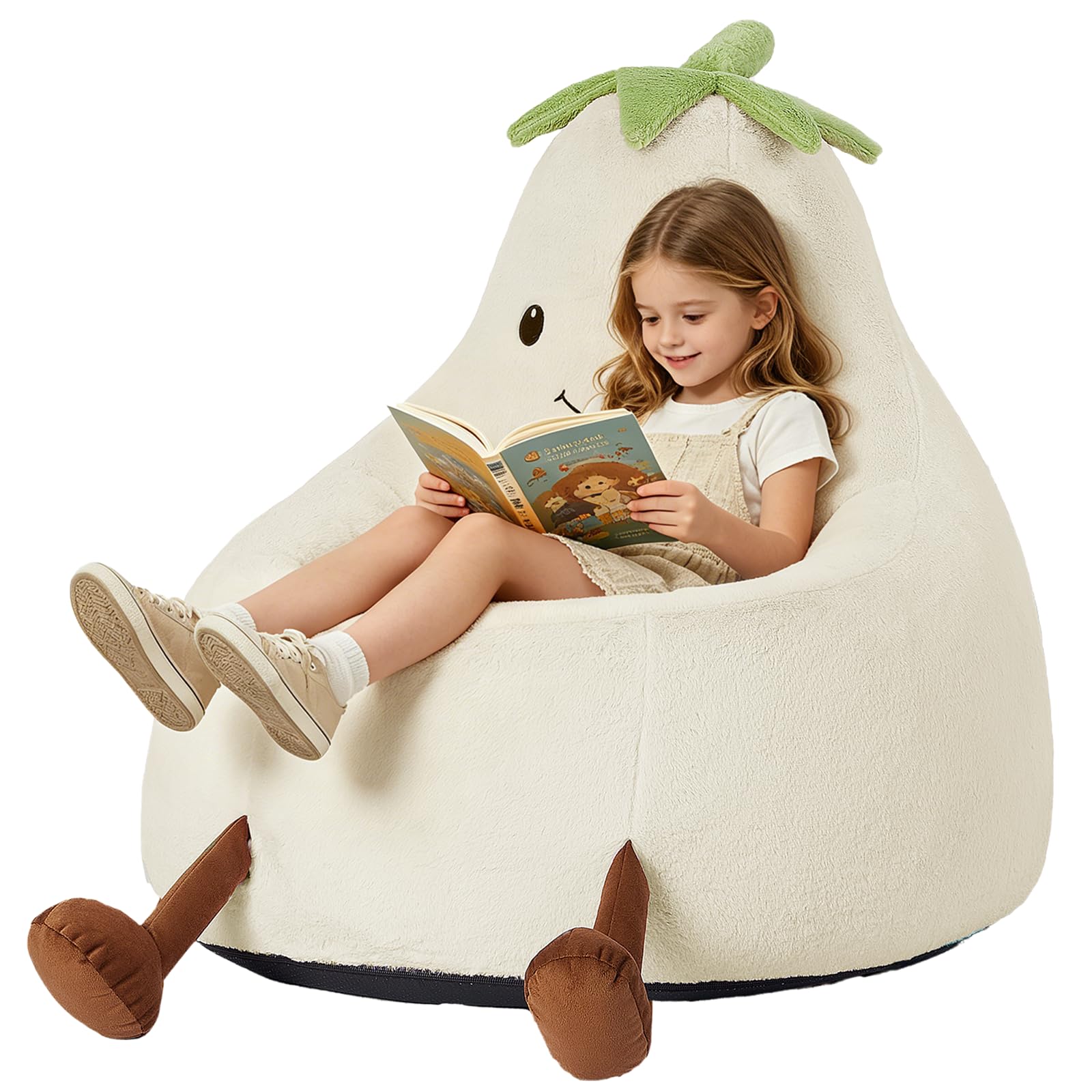 24 Inches Memory Foam Bean Bag Chair - Ultra Soft Faux Rabbit Fur Round Sofa with Handle &amp; Machine Washable Cover, Eggplant-Shaped Kids Reading Chair for Bedroom, Living Room and Playroom, Beige