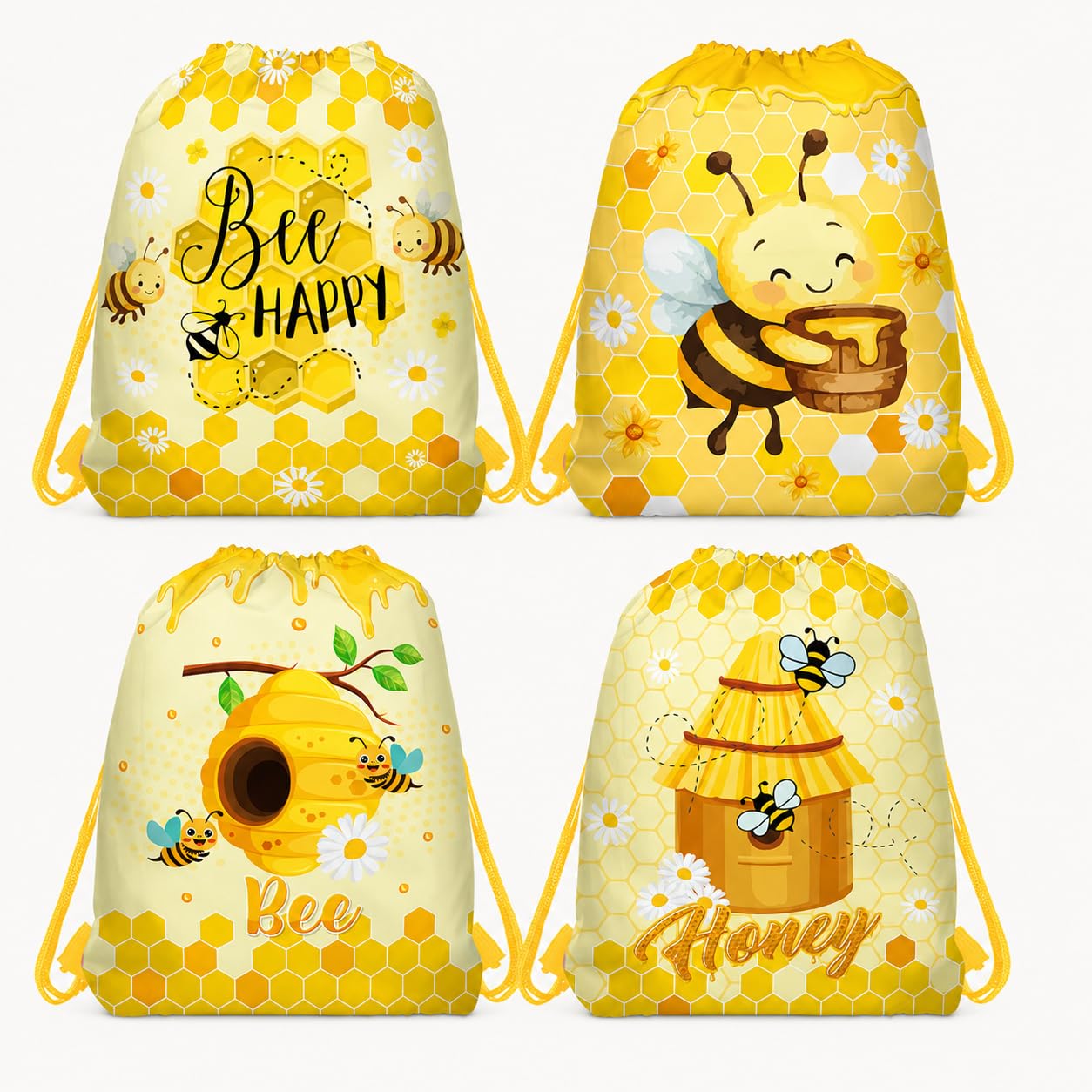 12 Pack Bee Drawstring Bags, Double-Sided Party Favor Bags, Two Designs Set