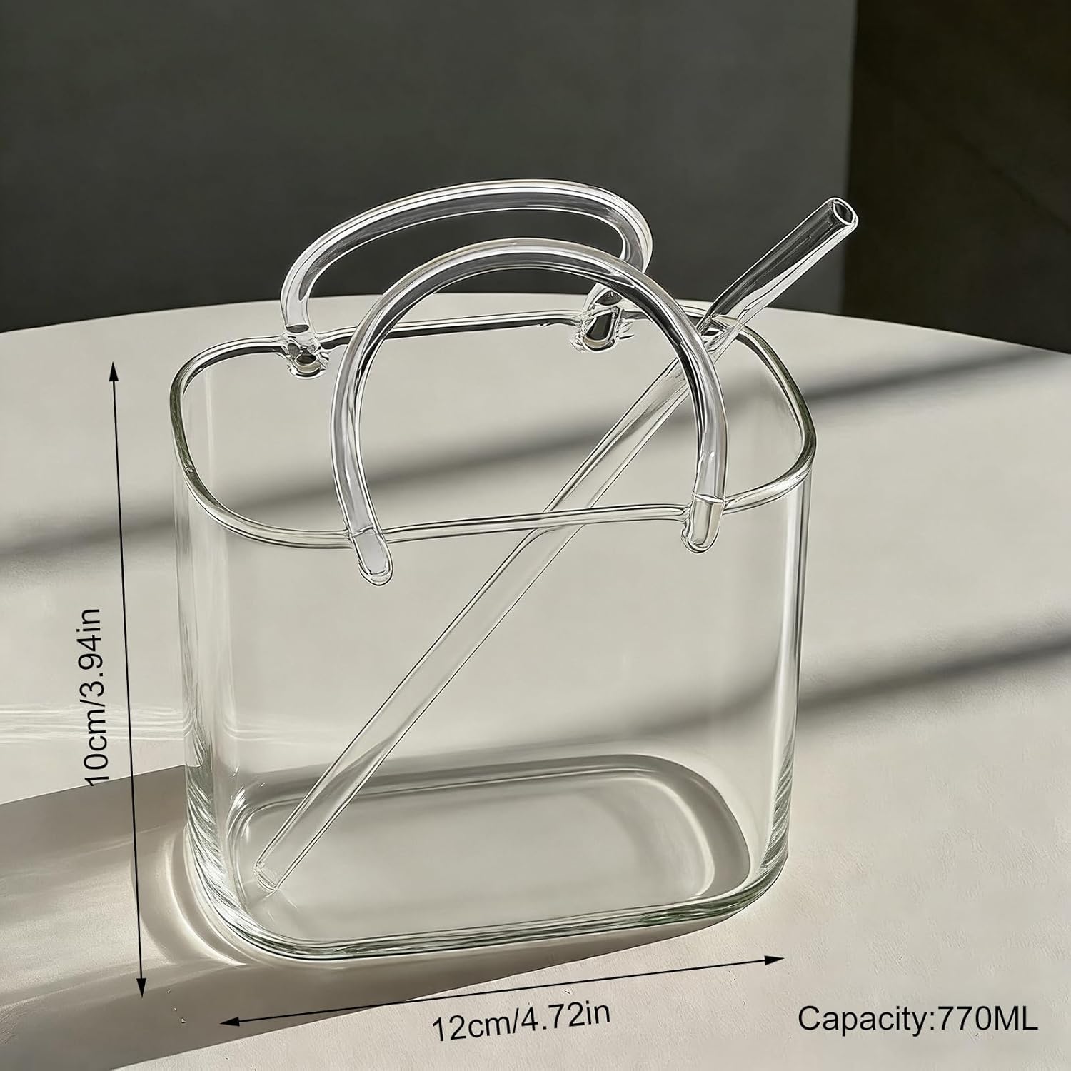 Glass Purse with Straw for Drinks Creative Cute Handbag Shaped Cocktail Glass Cups for Fruit Juice, Tea, Flowers (4pcs White, 12cm*10cm)