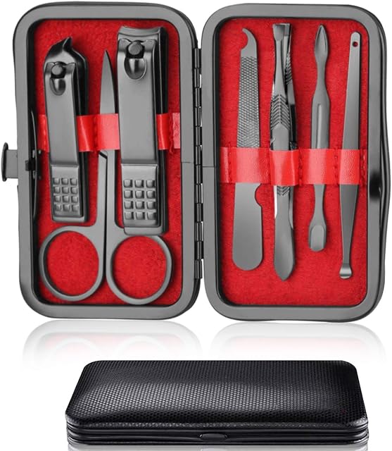 Nail Clipper Manicure Set, 7 In 1 Stainless Steel Professional Pedicure Kit Nail Scissors Grooming Kit with Black PU Leather Case for Travel & Home Use (Red Leather)