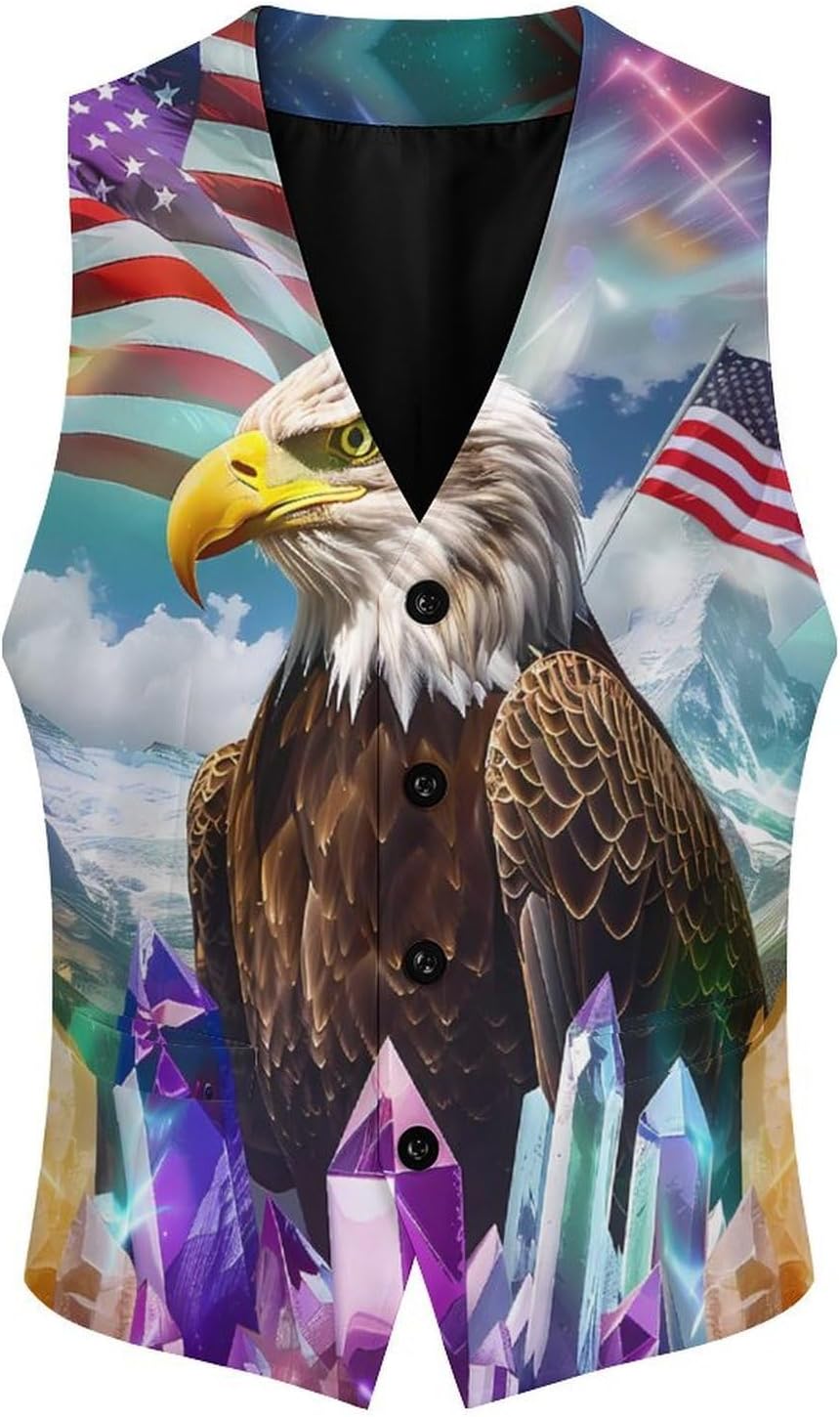 Diamond U.S.A Flag Eagle Mens Suit Vest Waistcoat Formal V Neck Business Dress for Wedding Party
