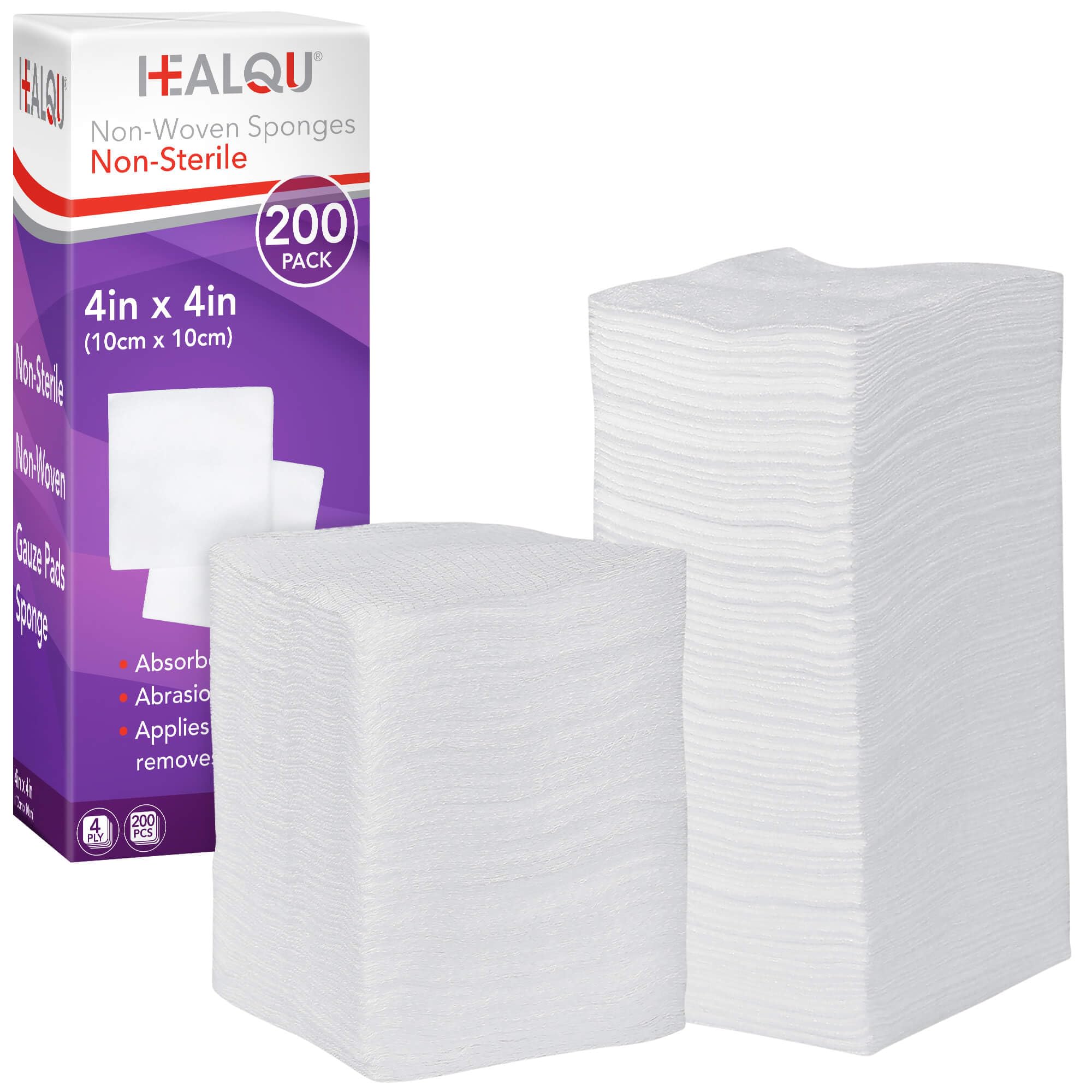 HEALQU 4x4 Gauze Pads - Bag of 200-4-Ply, Non-Woven Surgical Sponges - Super Absorbent Medical Gauze Sponges for Wound Dressing, Debridement, Cleaning, Prepping
