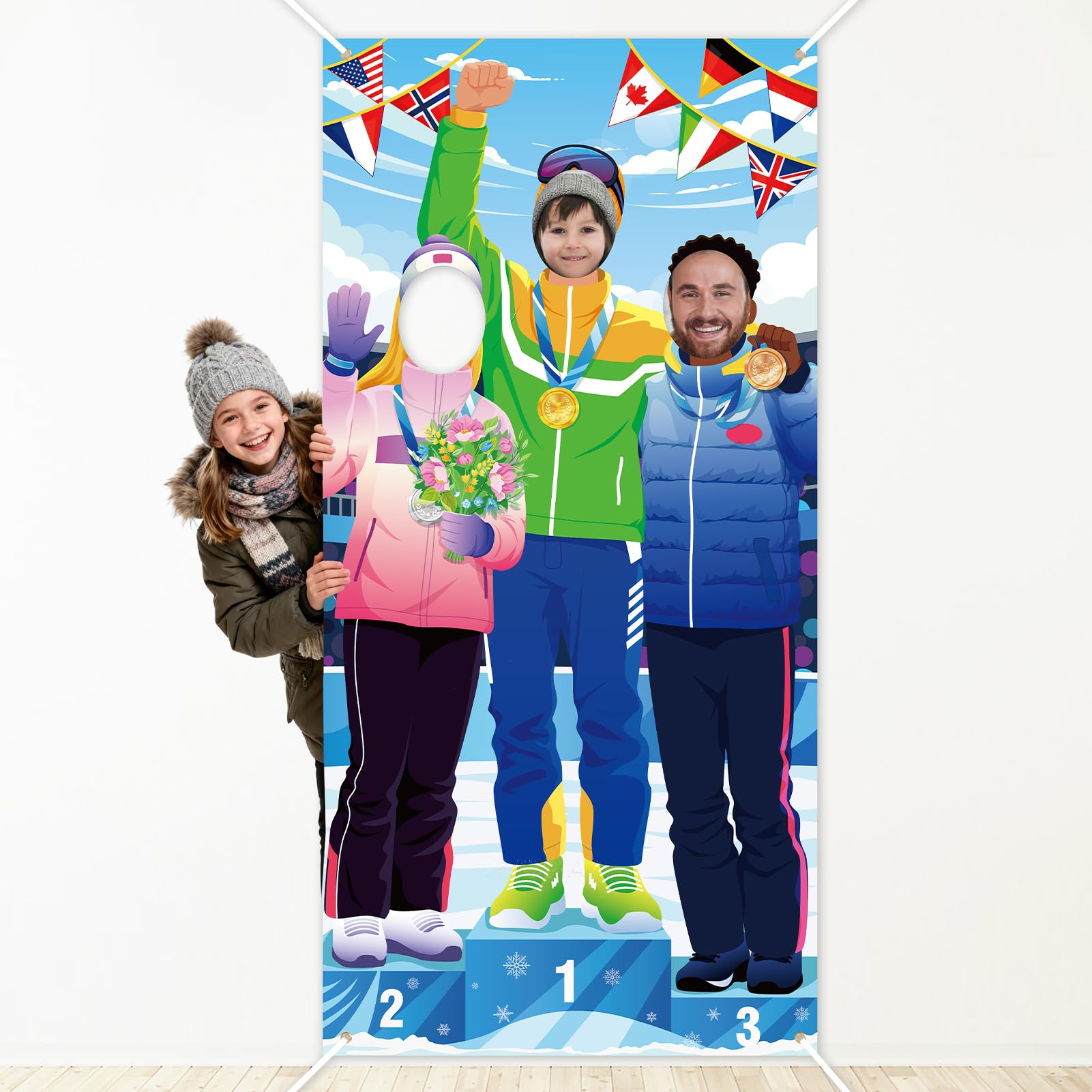 DPKOW Medal Podium Athletes Banner for Winter Sports Party Accessories Athletes Face Photo Props Banner for Winter Snow Sports Party Photo Booth Accessories Decoration, 185 * 90cm, Fabric — image 1