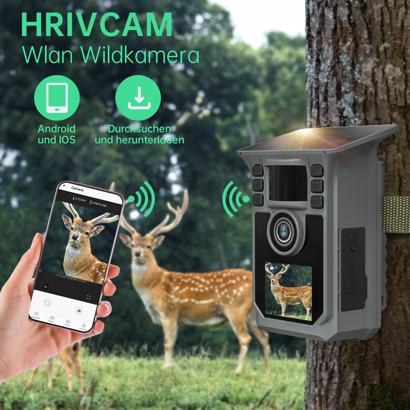 Hrivcam 4K 64MP Wildkamera mit Handyübertragung APP, Solar WLAN Bluetooth Eingebaute 5000mAh, 64GB Speicherkarte, Wildkamera mit Bewegungsmelder Nachtsicht, IP67 Wasserdicht 130°Weitwinkel