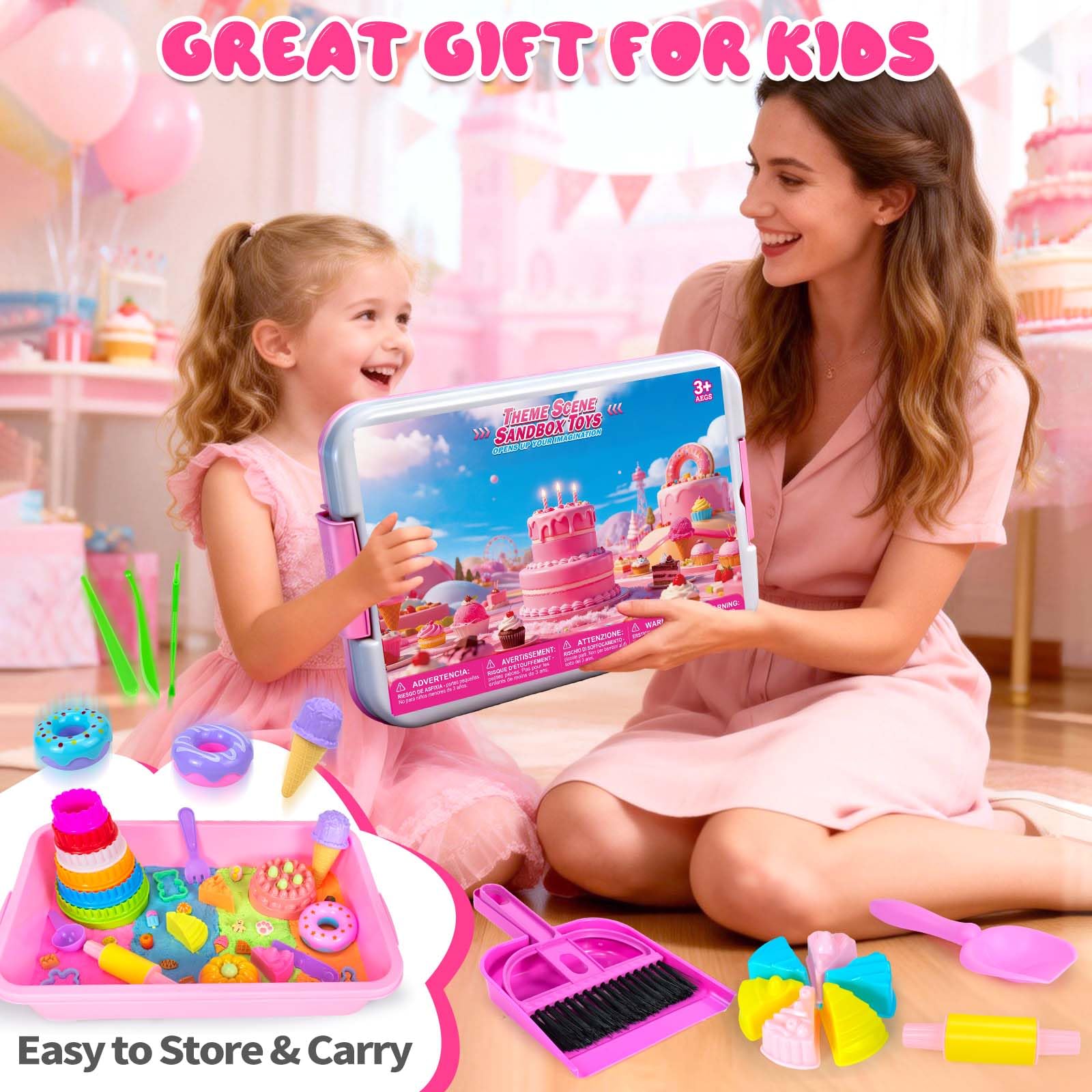 YongnKids Ice Cream Sensory Bin Girl Kid, Play Sand Art Kit with 2.2lb Color Sands, 56 pcs Cake Molds Tools Sensory Toys, Christmas Birthday Gift Toy for Girls Toddler 3 4 5 6 7 8