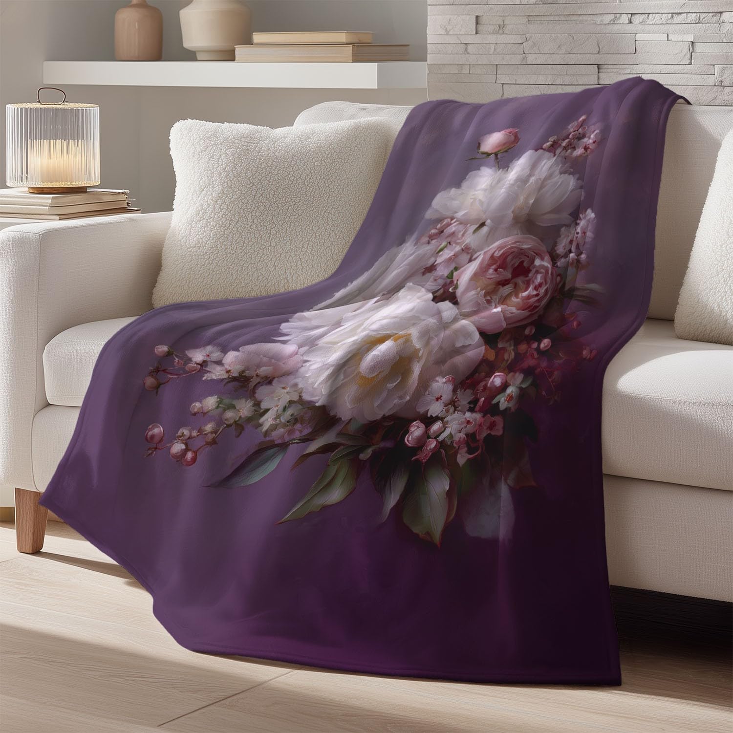 Miękki koc polarowy, przytulny, flanelowy, pluszowy, puszysty, na sofę, łóżko, kanapę lub krzesło, fioletowy, vintage, elegancki, świeże kwiaty, prezent dla dzieci