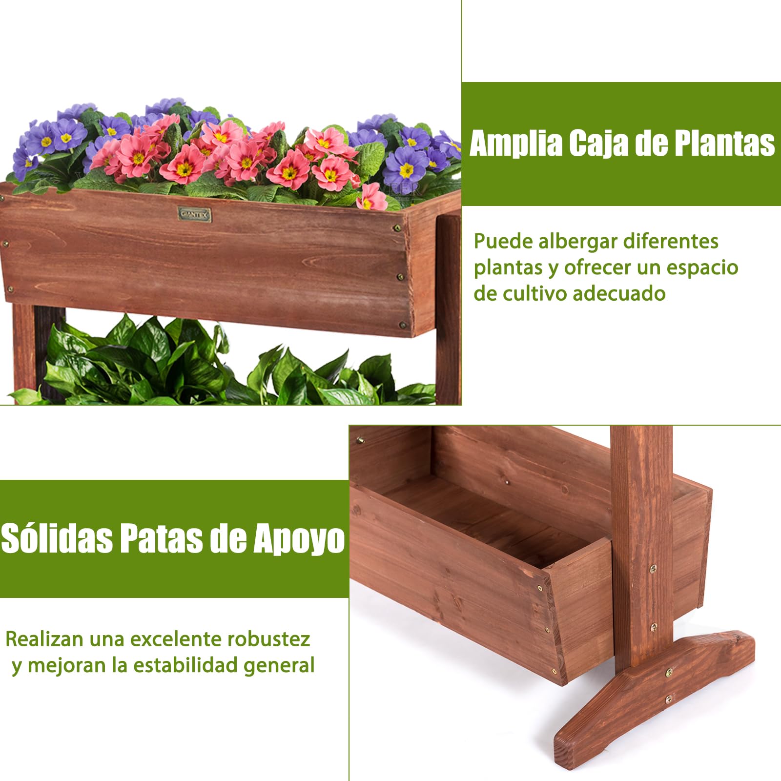 RELAX4LIFE Huerto Urbano de Madera de Abeto con 3 Macetas, Jardinera Vertical con Inclinación Ajustable y 2 Agujeros de Drenaje para Verduras, Flores, Frutas, Hierbas, Soporte Plantas, 71x38x105cm
