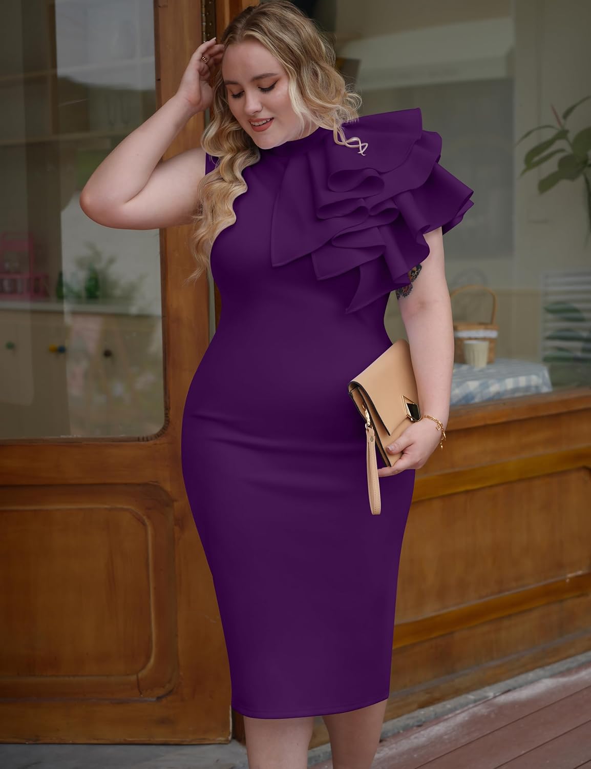 Memoriesea Women's Ruffle Sleeveless Bodycon Knee Length Party Pencil Midi Dress - Image 2