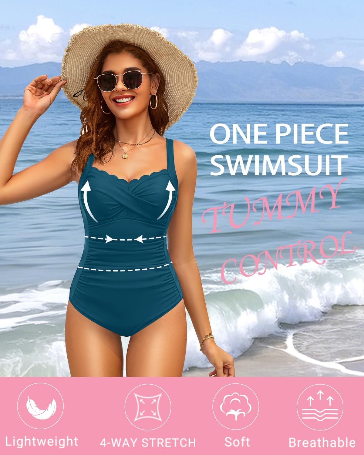 Daci Teal One Piece Swimsuit for Women - Tummy Control Bathing Suit with Scalloped Square Neck Retro Swimwear 2026 S - Image 4