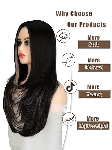 Miniatura 6 de Pelucas largas en capas para mujer, peluca sintética recta con flequillo, aspecto natural, pelucas de parte media para uso diario (rubio mixto negro