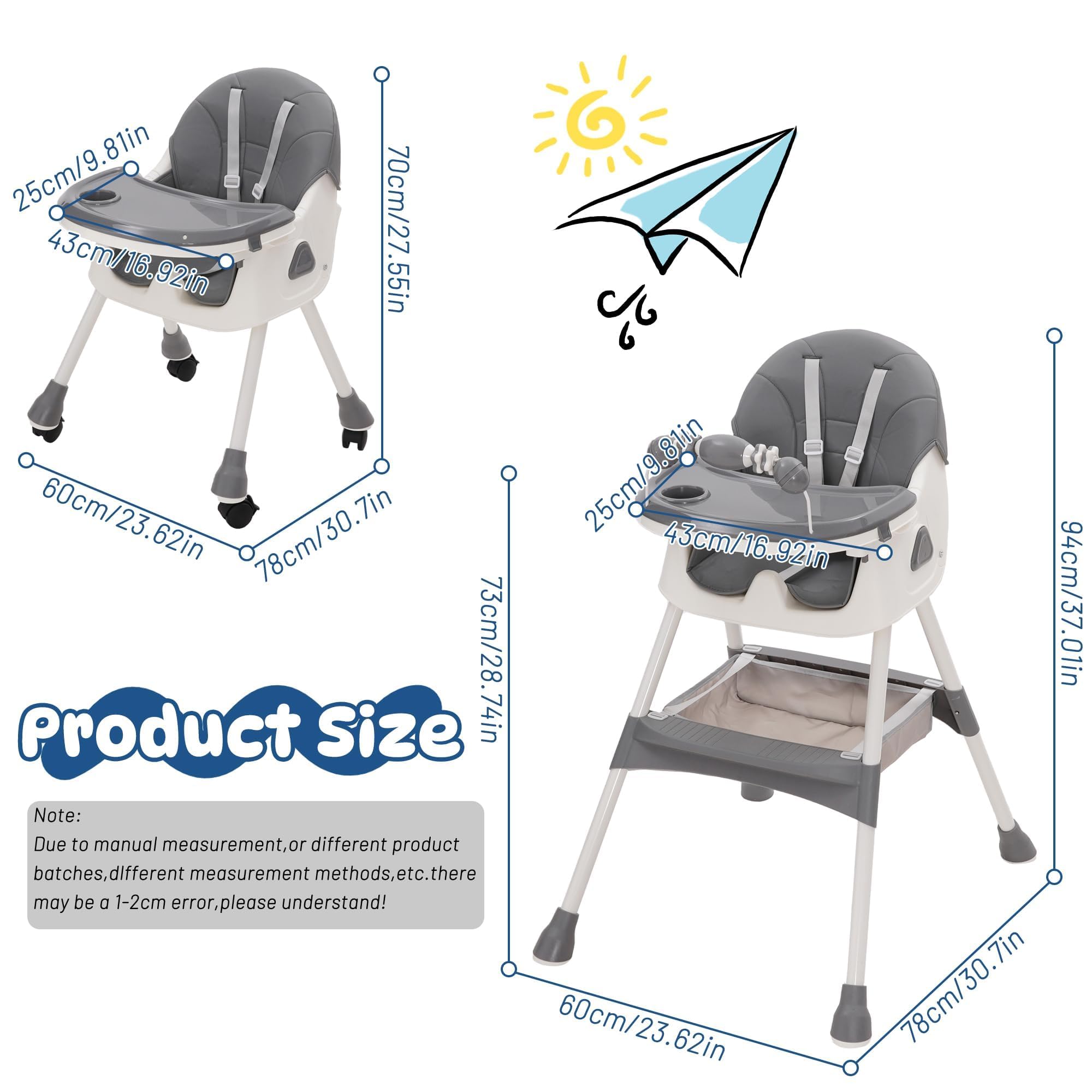 3 w 1 krzesełko do karmienia dla niemowląt z pałąkiem do zabawy, ze zdejmowaną tacą, regulowane, składane, z funkcją leżenia, z rosnącym krzesłem do jadalni od 6 miesięcy, szare