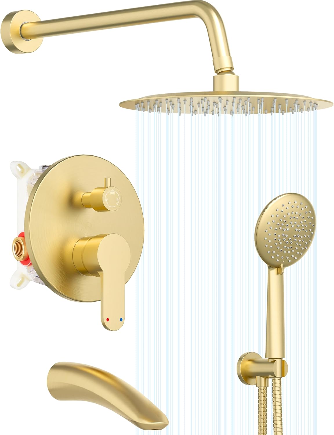 Gabrylly Shower System with Tub Spout, Bathtub Shower Faucet Set with 10″ Rain Shower head and 5-Setting Handheld Shower, Wall Mounted Shower Fixtures with Pressure Balance Shower Valve, Brushed Gold