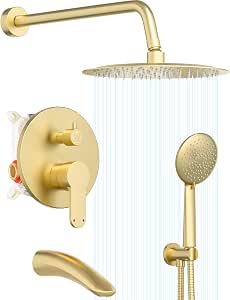Gabrylly Shower System with Tub Spout, Rain Shower Head, Handheld Shower, and Pressure Balance Valve - Brushed Gold