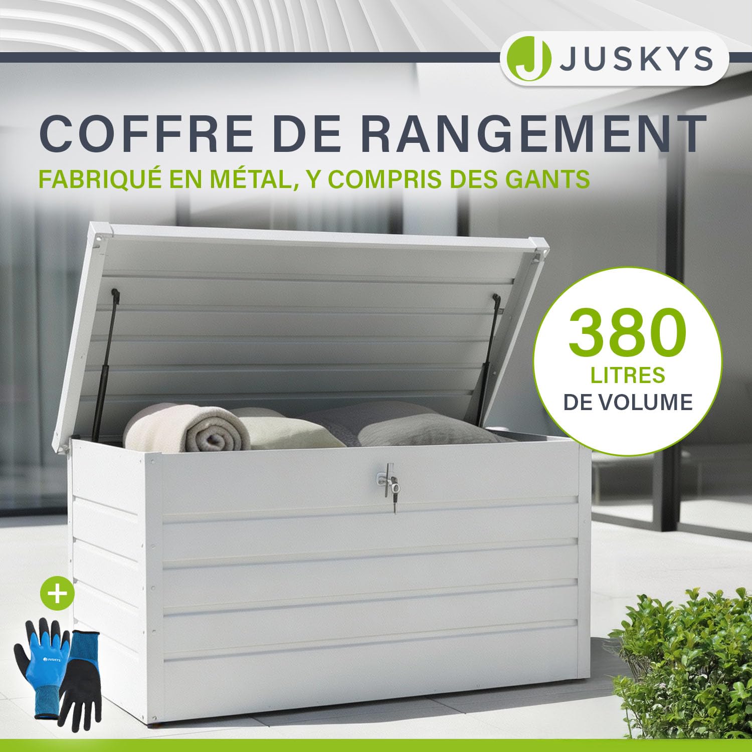 Juskys Boîte de rangement en métal Limani 380 L étanche verrouillable jardin blanc
