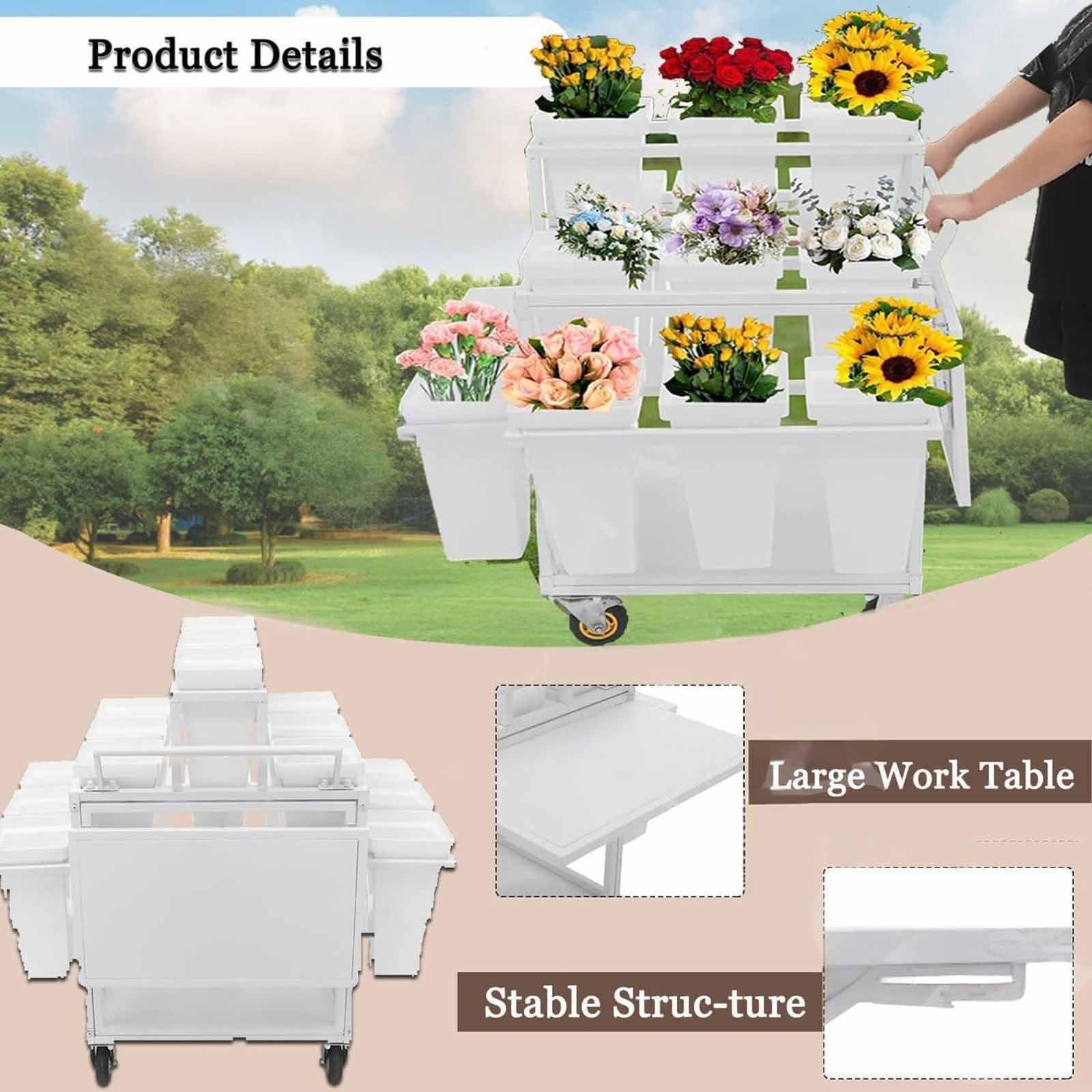 Este Soporte metálico para exhibición de Flores al Aire Libre con Soporte para Flores con 18 Cubos, Soporte para exhibición de Flores con Ruedas, Carrito de Flores para floristería, Patio y