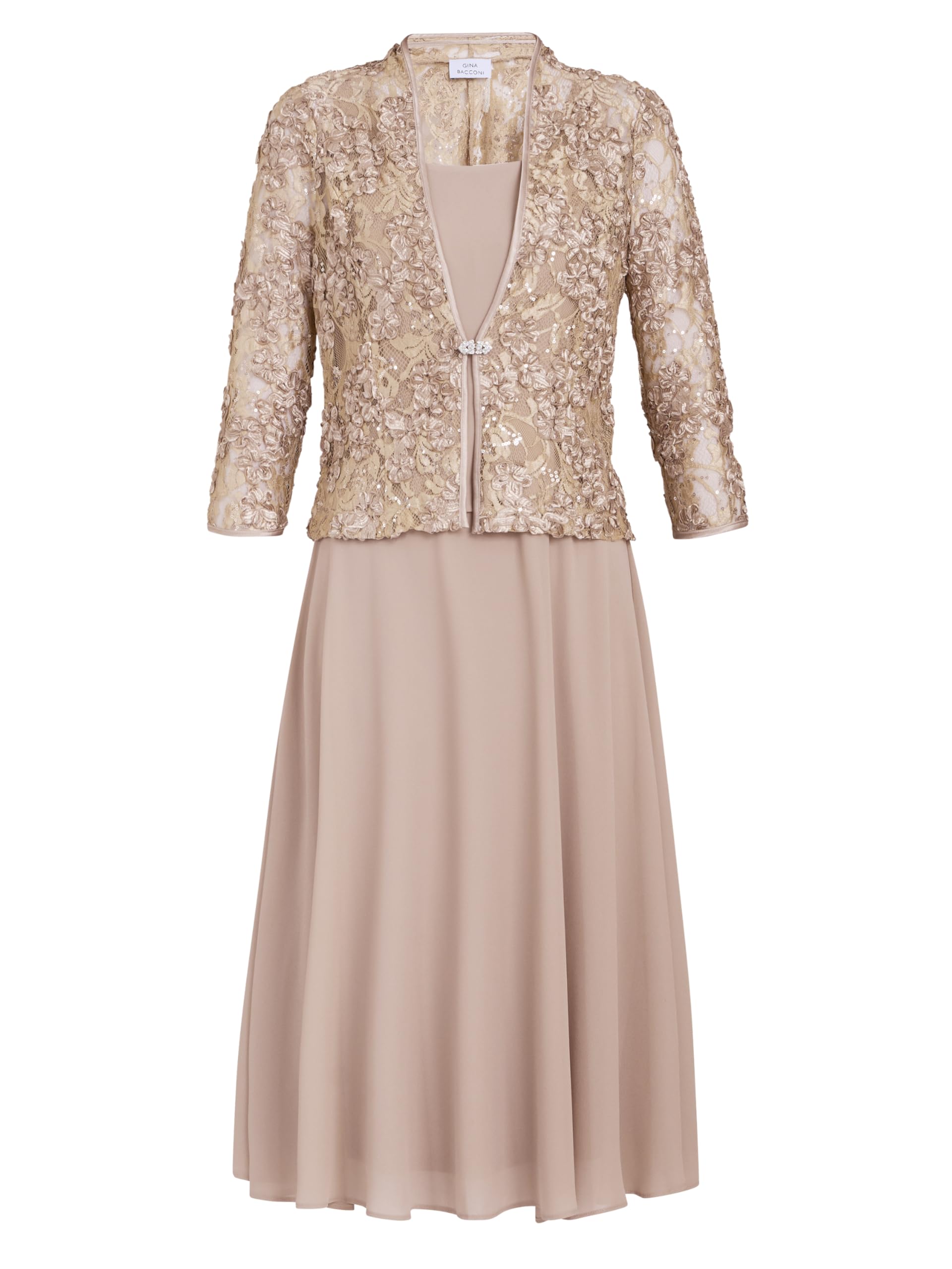 Gina Bacconi Women's Soutache Lace Jacket with Chiffon Dress Cocktail, Latte, 14