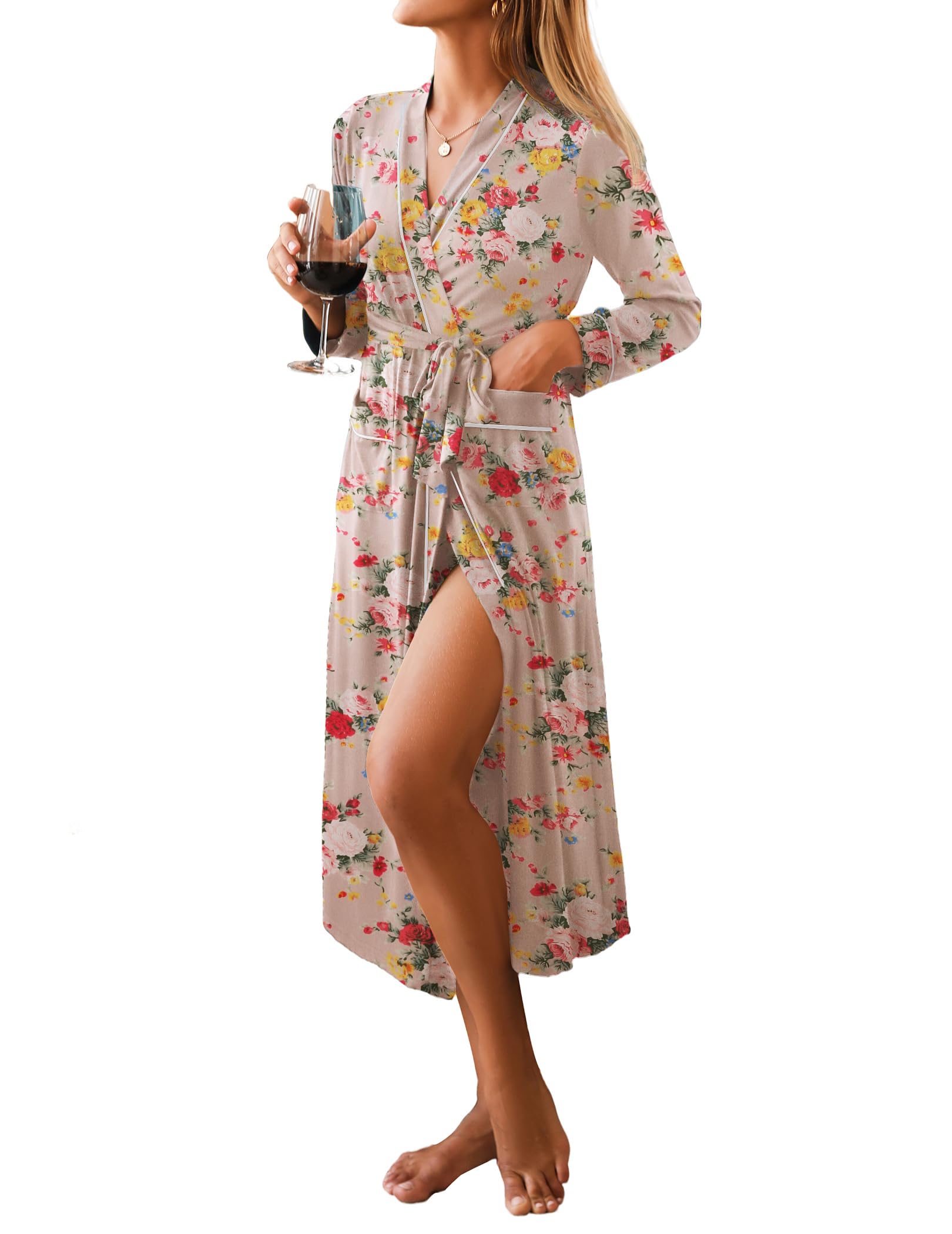 Ekouaer Women Kimono Robes Full Length Knit Bathrobe Lightweight Soft Sleepwear V-neck Casual Ladies Loungewear S-XXL