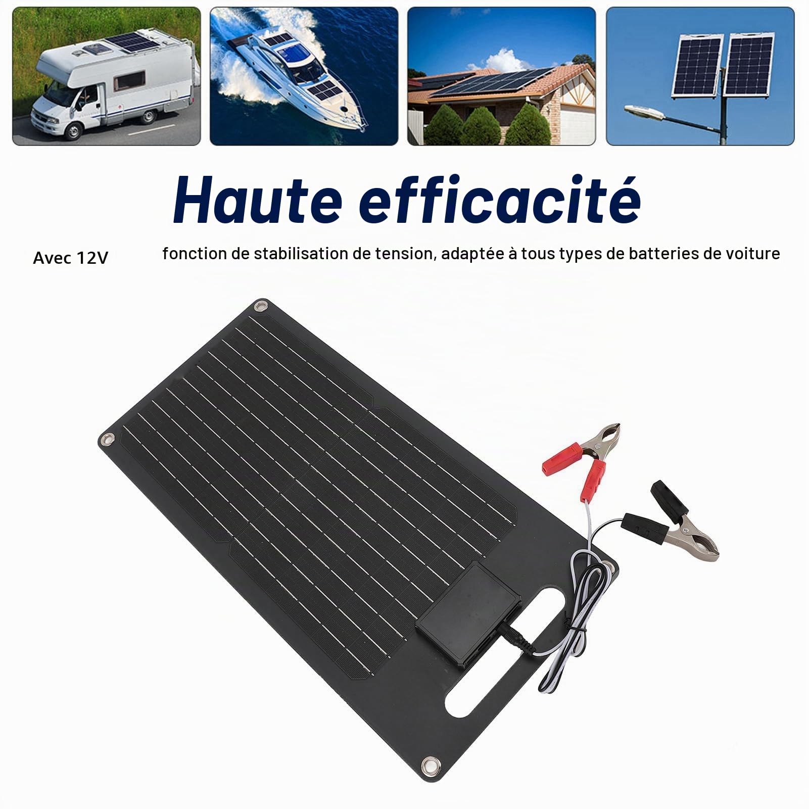 Panneau Solaire 50W 12V, Kit de Panneau Solaire Monocristallin, Chargeur de Batterie Solaire avec Câble USB et Clip, Contrôleur Double USB pour Batteries de Voiture et Téléphones Portable Hors Réseau