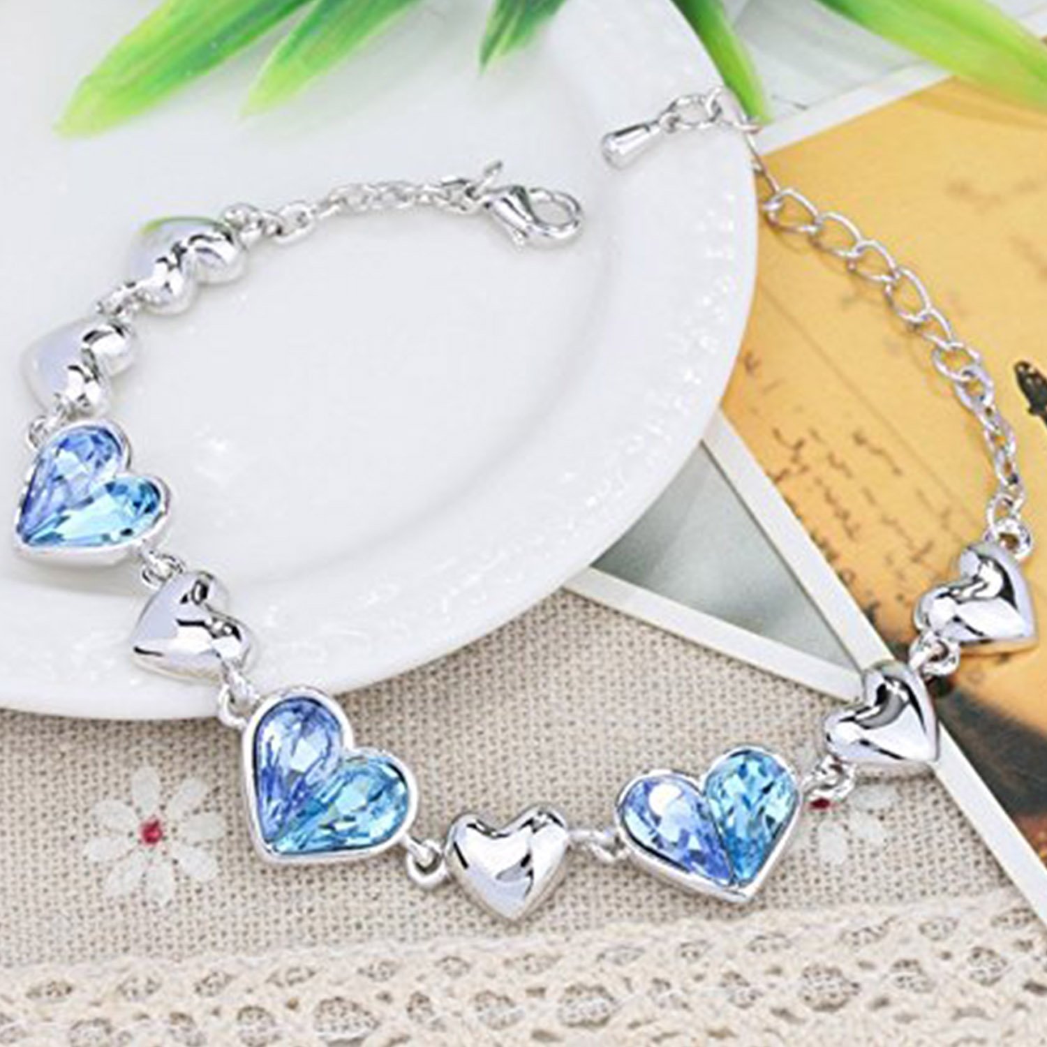 Crystal Dual Heart Love Bracelet in Blue