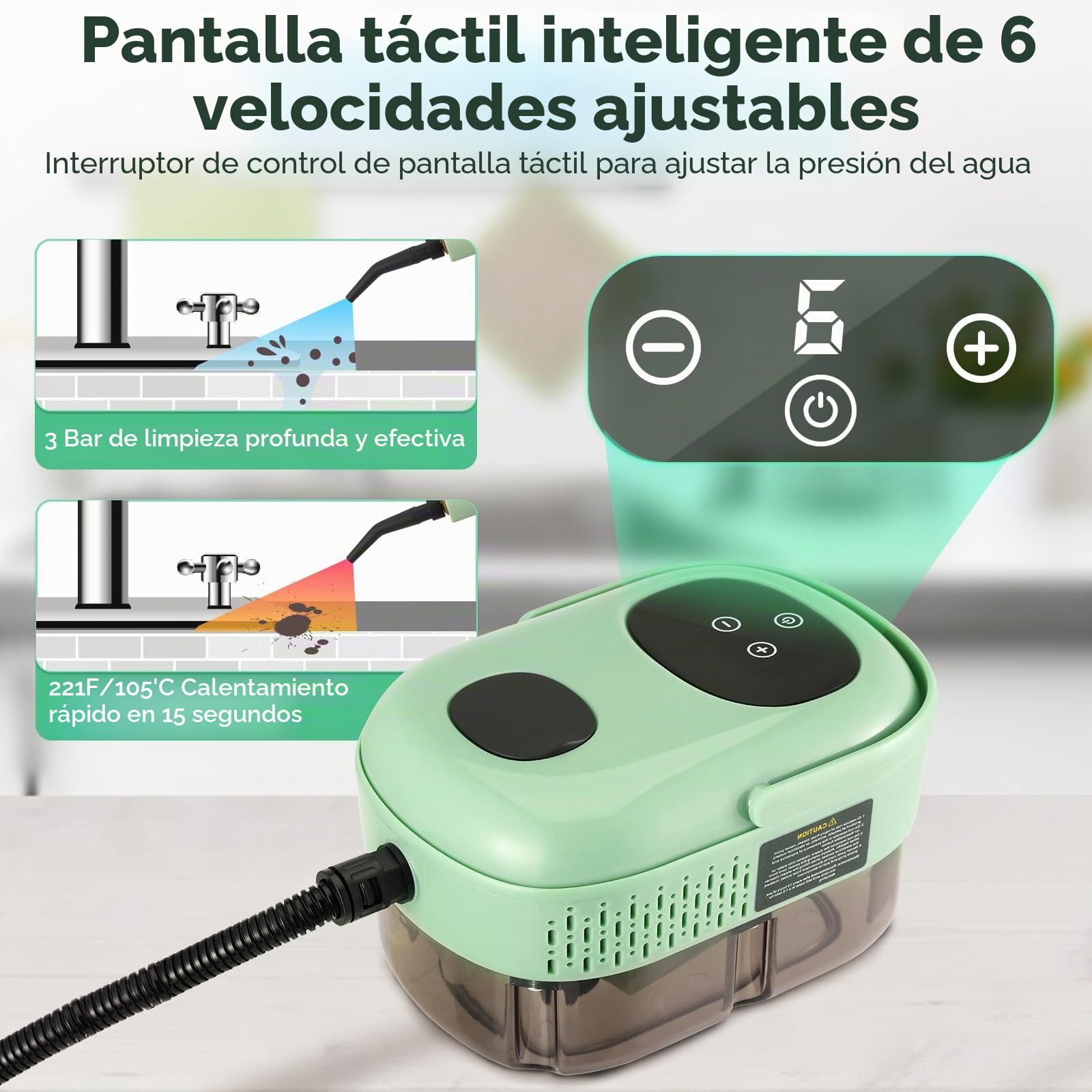 Limpiador a vapor portátil de 2500 W, 1100 ml, limpiador a vapor de alta presión con 3 cabezales de cepillo, limpiador a vapor de mano multifuncional para muebles de cocina, baño, coche (verde nuevo)