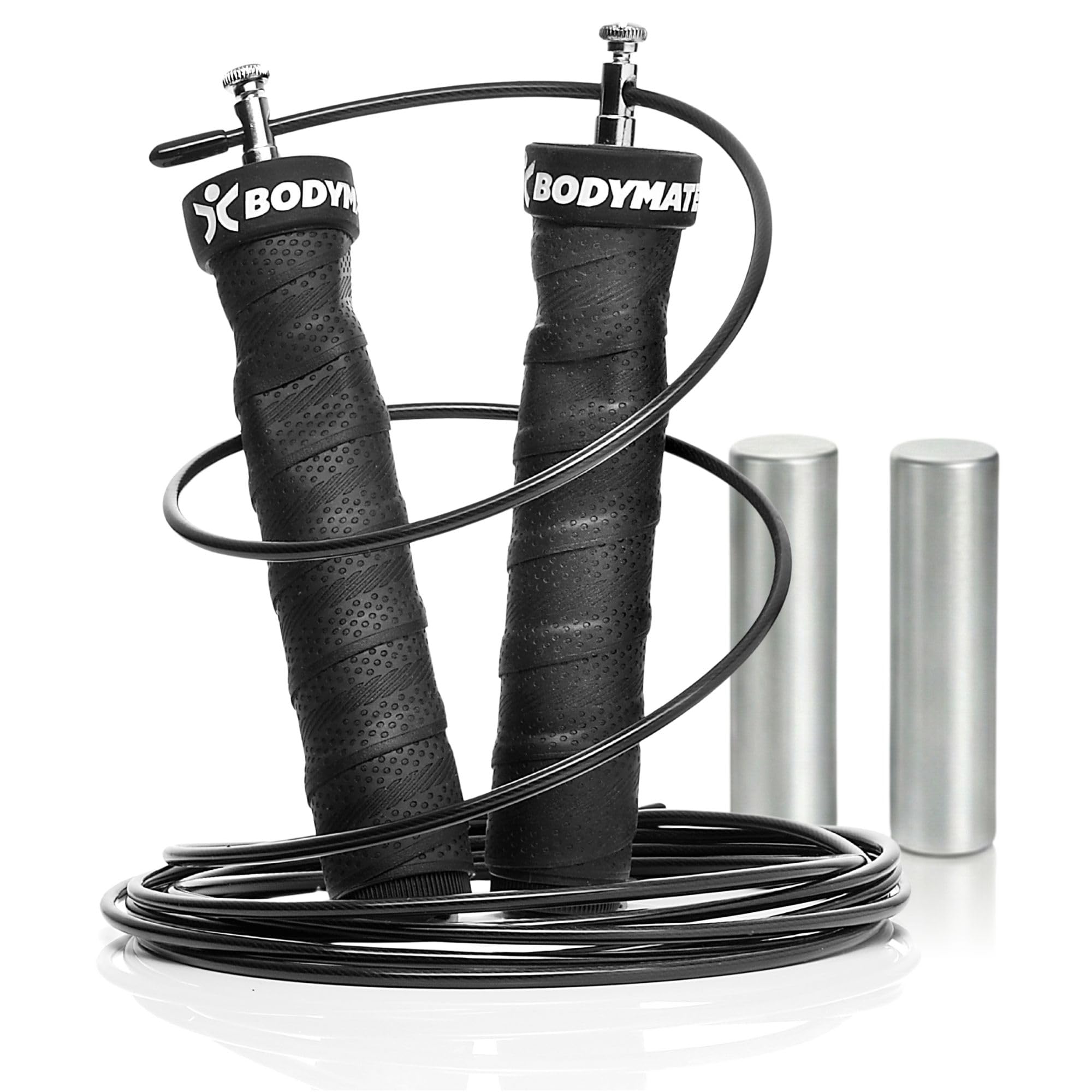 BODYMATE Corda per Saltare Premium con 2 pesi estraibili, Maniglie Antiscivolo, 2 Corde in Acciaio Regolabili con Protezione antiusura - Crossfit, Functional Core, Boxe