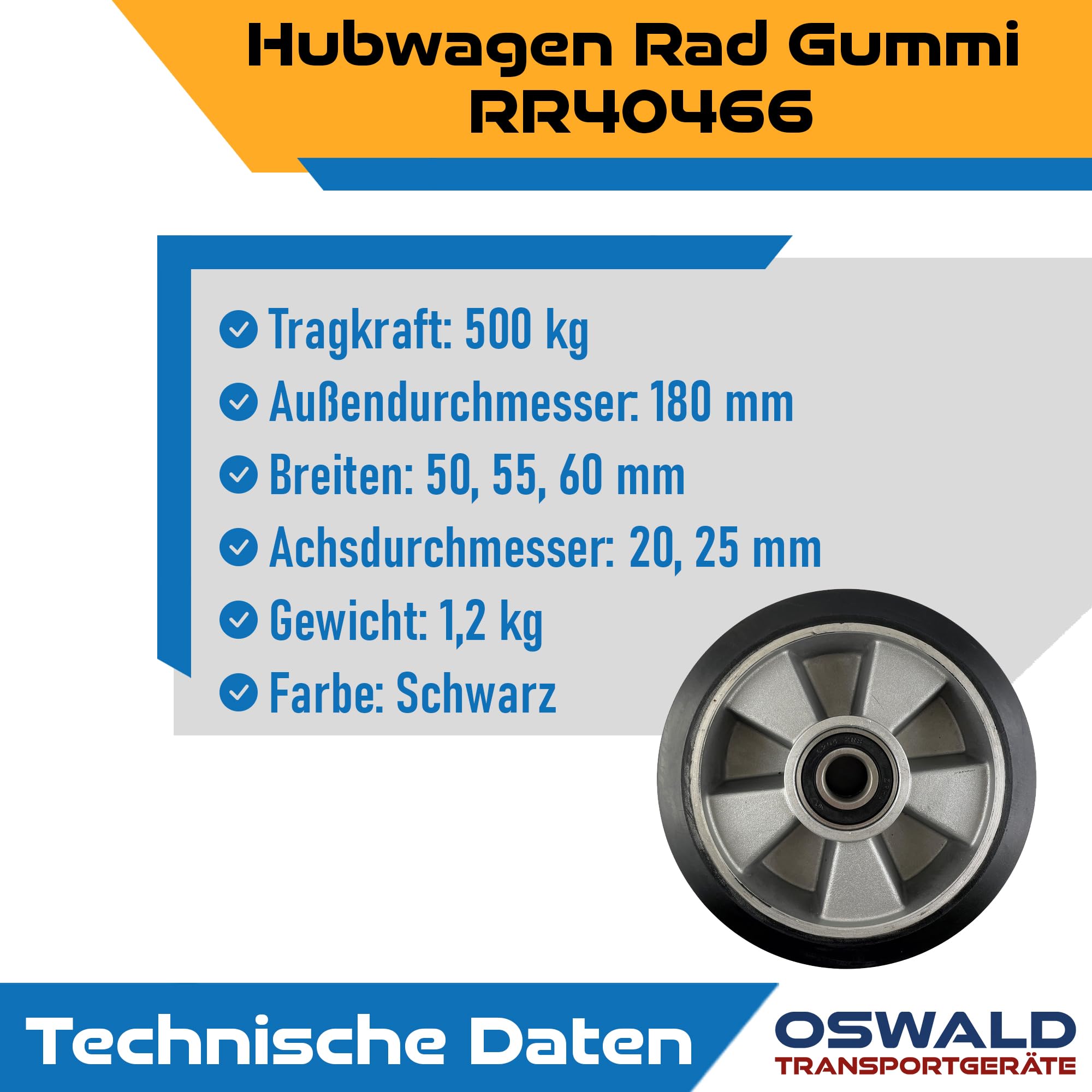 Hubwagen Rad Gummi 180 x 50/60 mm, Achse 20 mm - Ersatzrad inkl. Kugellager