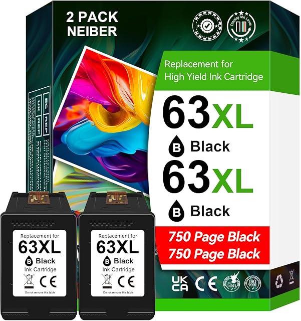 63XL Ink Cartridge Black for HP 63 Ink Cartridges for HP63 for HP63XL Black, Compatible for HP Envy 4520 4522 Officejet 3830 5255 3833 4650 DeskJet 3630 3632 1112 Printer
