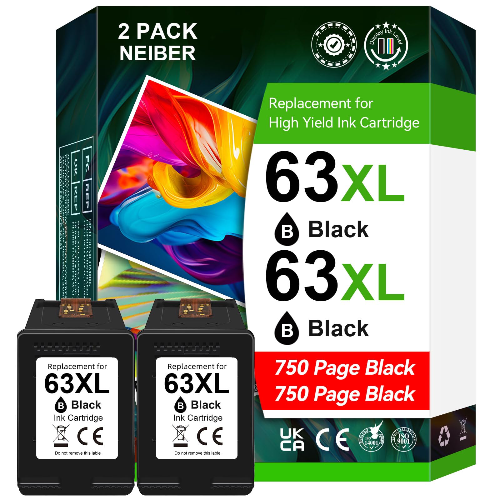 Neiber 63XL High-Yield Black Ink Cartridge for HP Printers