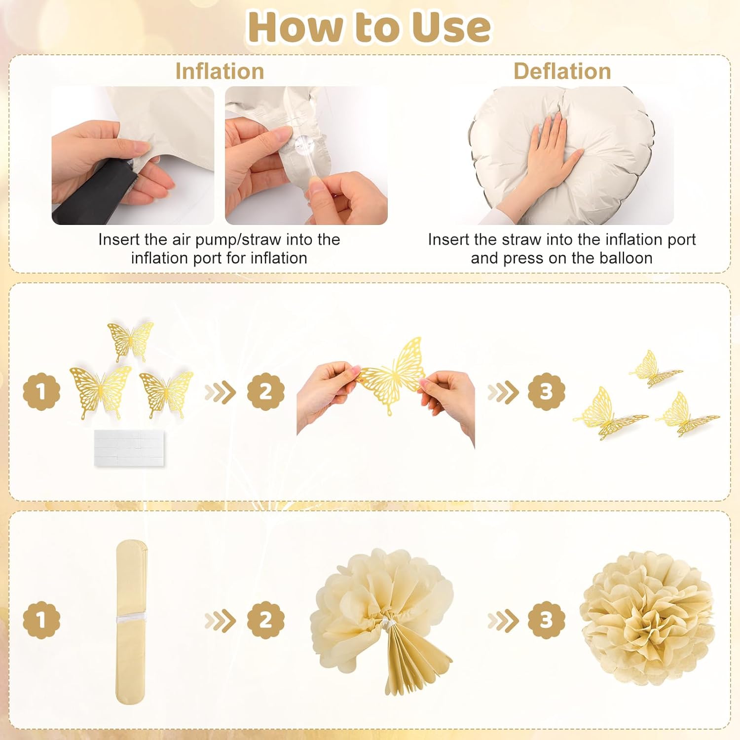 Ouddy Life White Gold Birthday Party Decorations Kit for Women Girls, Happy Birthday Banner, Sand White Metallic Gold Foil Confetti Balloons, Fringe Curtain, Cake Topper, Pompoms, Butterfly Supplies - Image 7