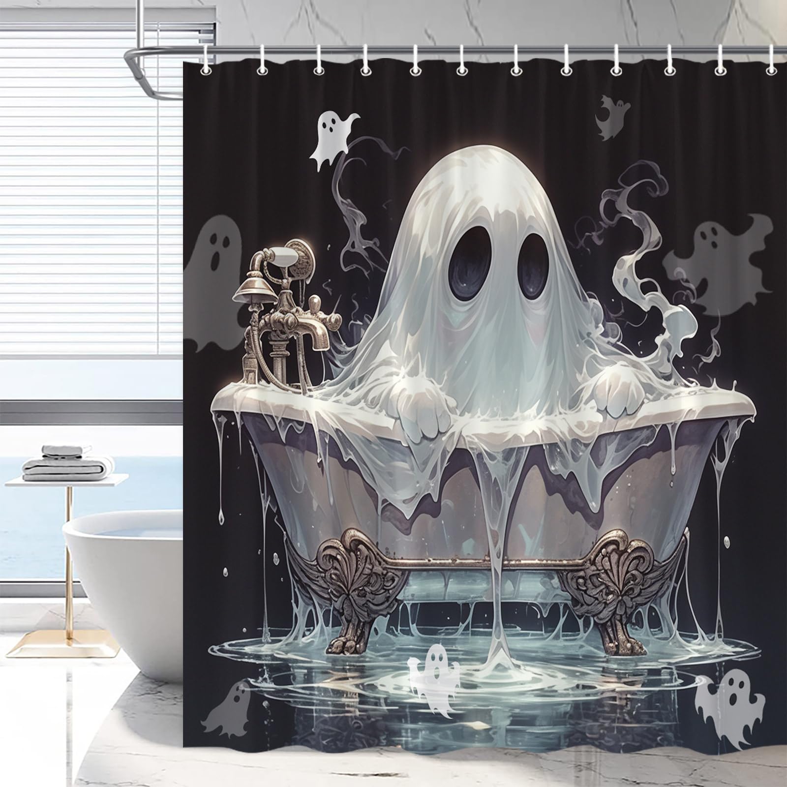 RDRUVA Ghost Shower Curtain Horror Halloween Spooky Bathtub Black Background Holiday Ambience Decoration Vintage Trick or Treat Bathroom Decoration