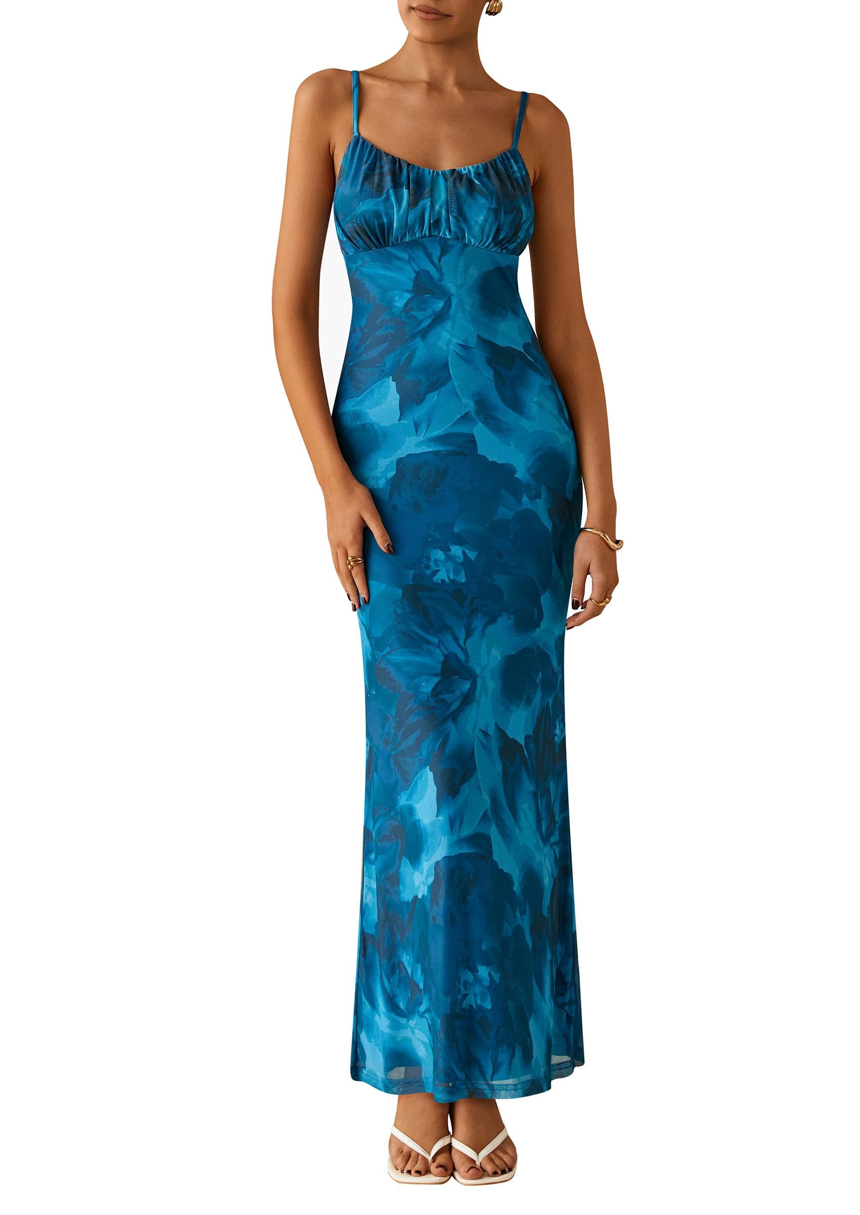 PRETTYGARDEN Women's Floral Bodycon Maxi Dress Summer Beach Sundress Sleeveless Spaghetti Strap Wedding Guest Dress