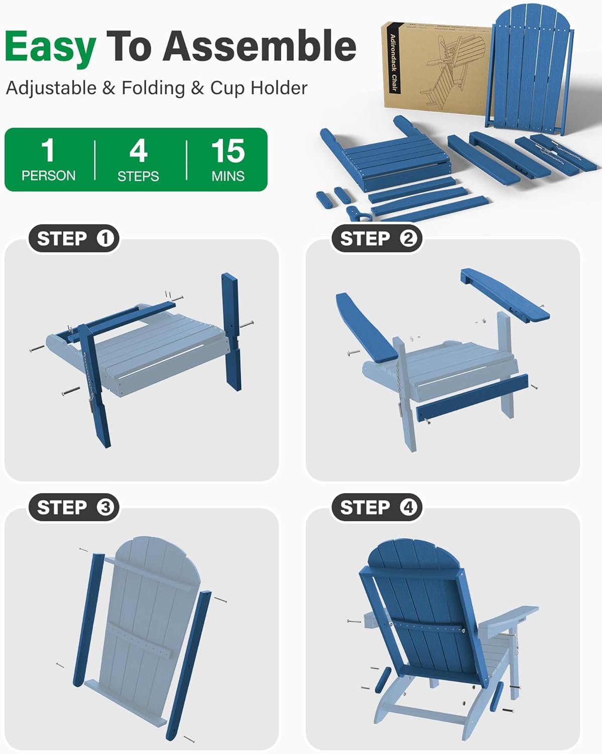 YEFU Adirondack Chair Set of 2 for Outdoor: Folding Plastic Composite Chair with Cup Holder for Patio - All-Weather Foldable Adjustable HDPE Fire Pit Adirondack Chairs - Easy Assembly