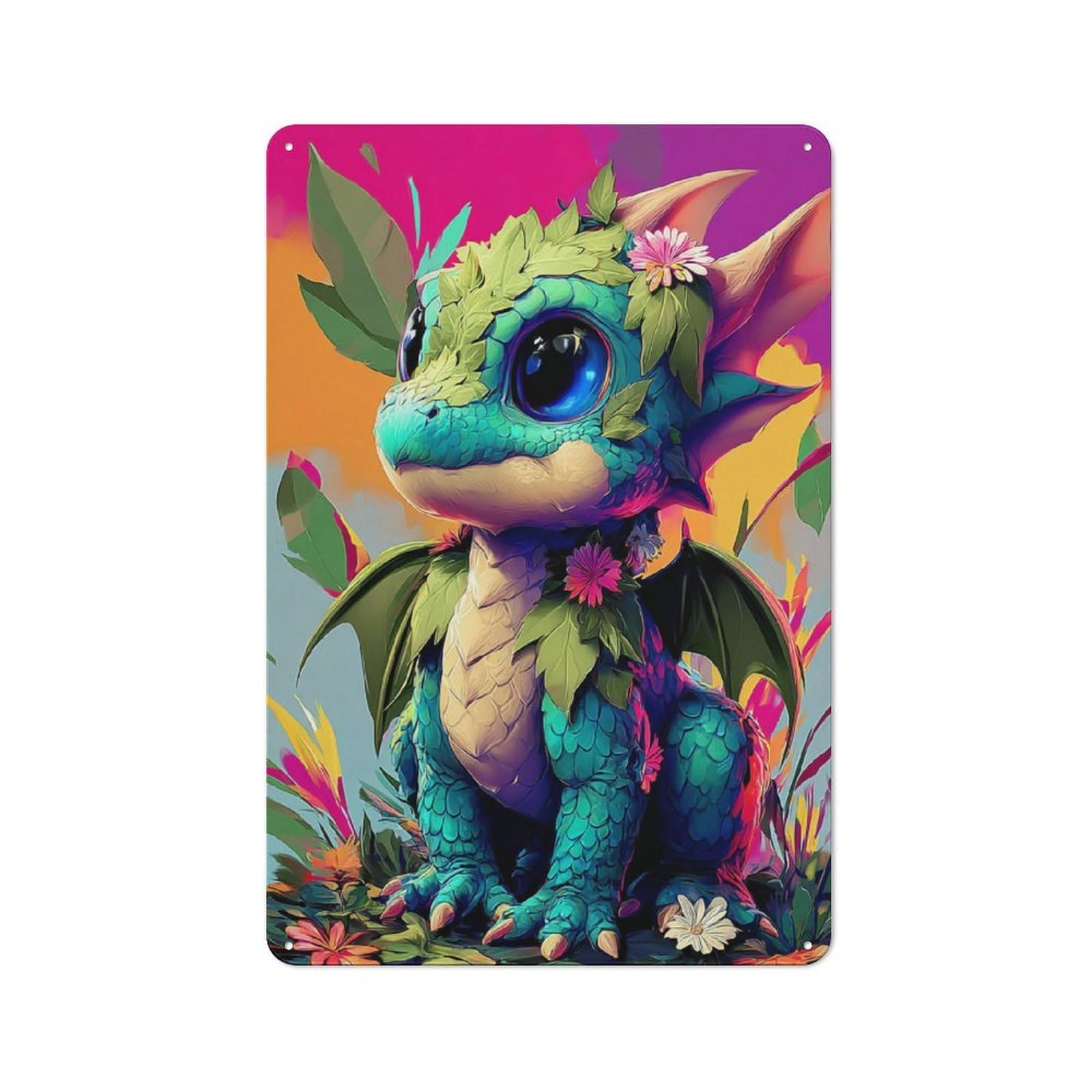 Junmoney Cute Fantasy Dragon Artwork Vintage Metal Plaque 30X20cm, Bistro Wall Plaque For Coffee Bar, Kitchen, Bistro Or Tea Corner