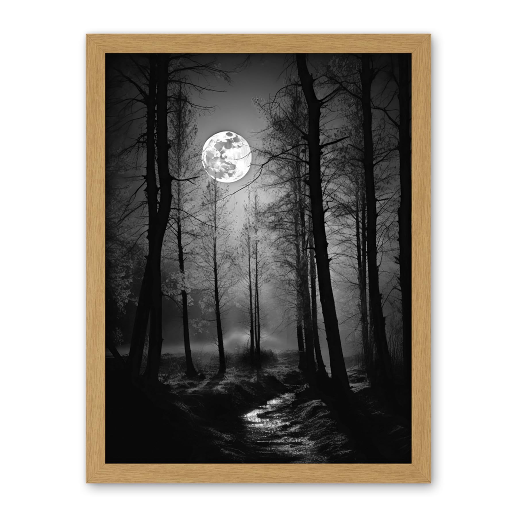Artery8 Full Moon Over Misty Forest Black and White Photo Artwork Framed Wall Art Print 18X24 Inch