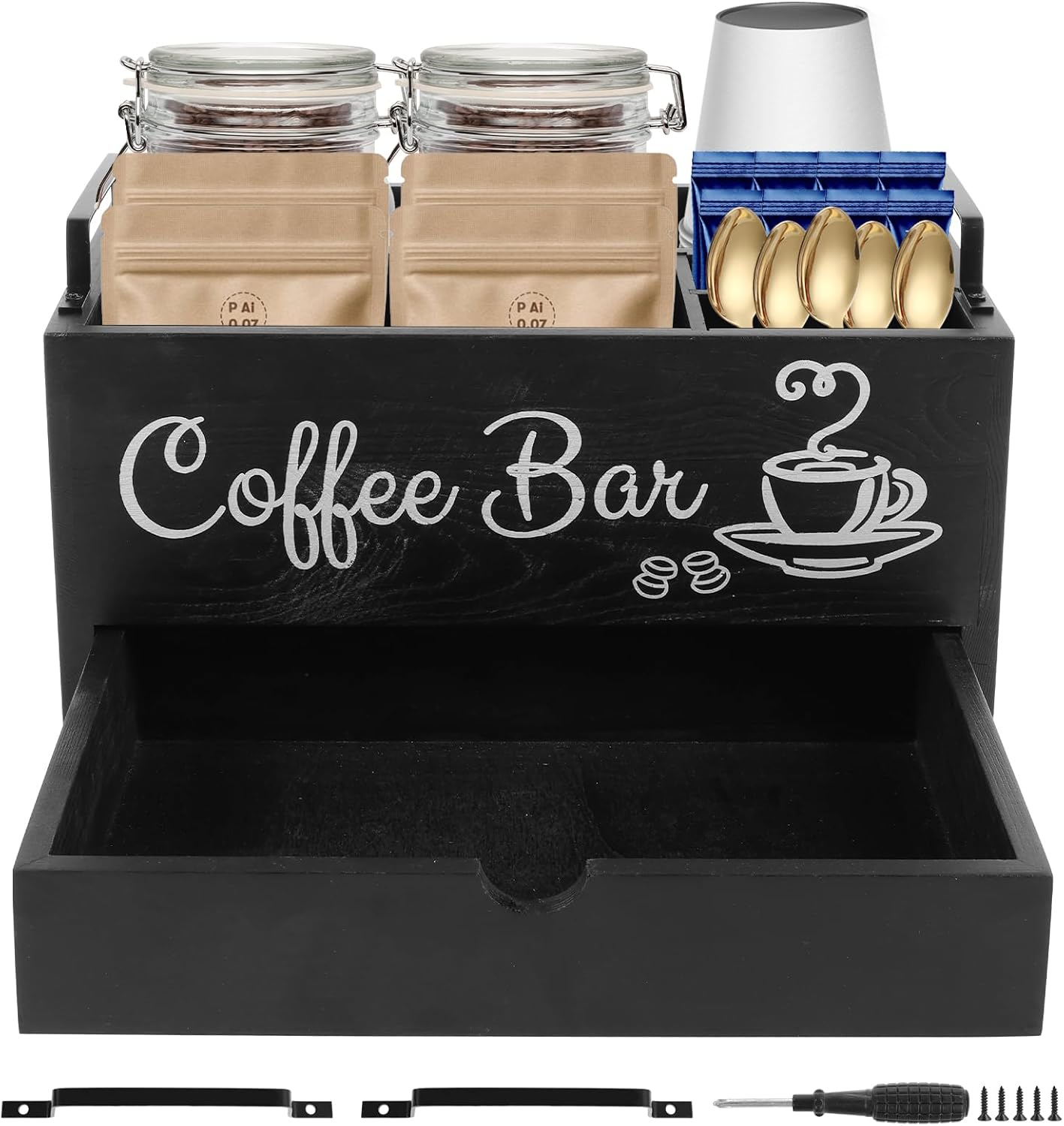 US Double Layer Coffee Bar Organizer Station with Drawer and Metal Handles Wood Coffee Station Organizer Versatile Coffee Bar Organizer for Cups Coffee Pods Sugar