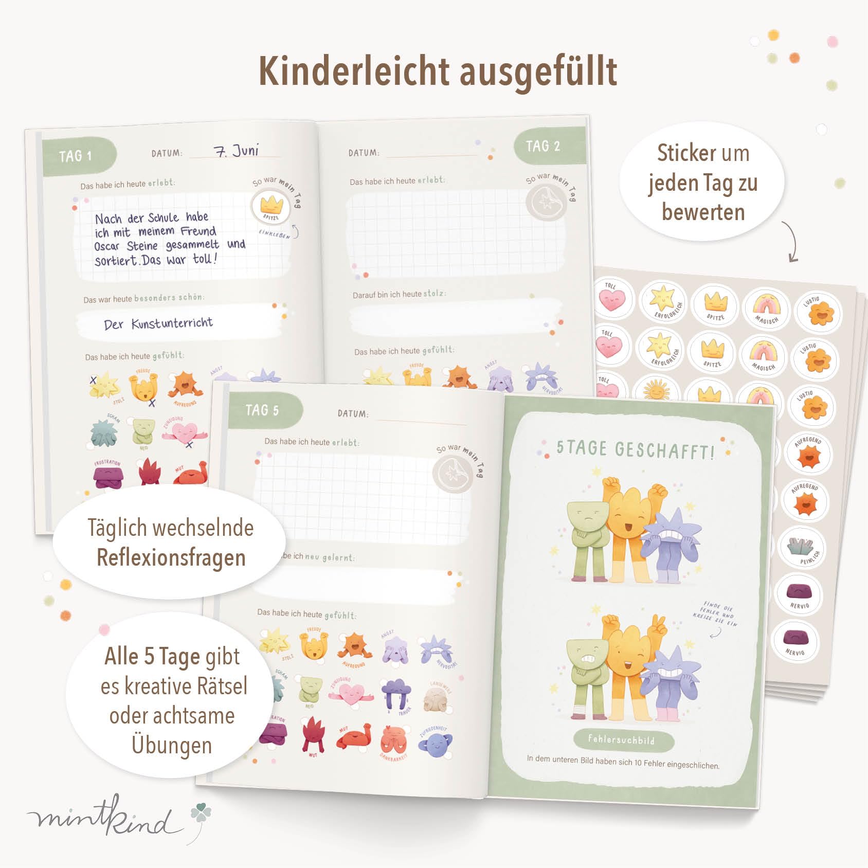 mintkind® Gefühlstagebuch Kinder 6–10 Jahre, pädagogisch entwickelt, 100 Tage Gefühle verstehen & Dankbarkeit, zum Ankreuzen & Ausfüllen, inkl. 160 Sticker, A5, 146 Seiten, Rätsel & Übungen