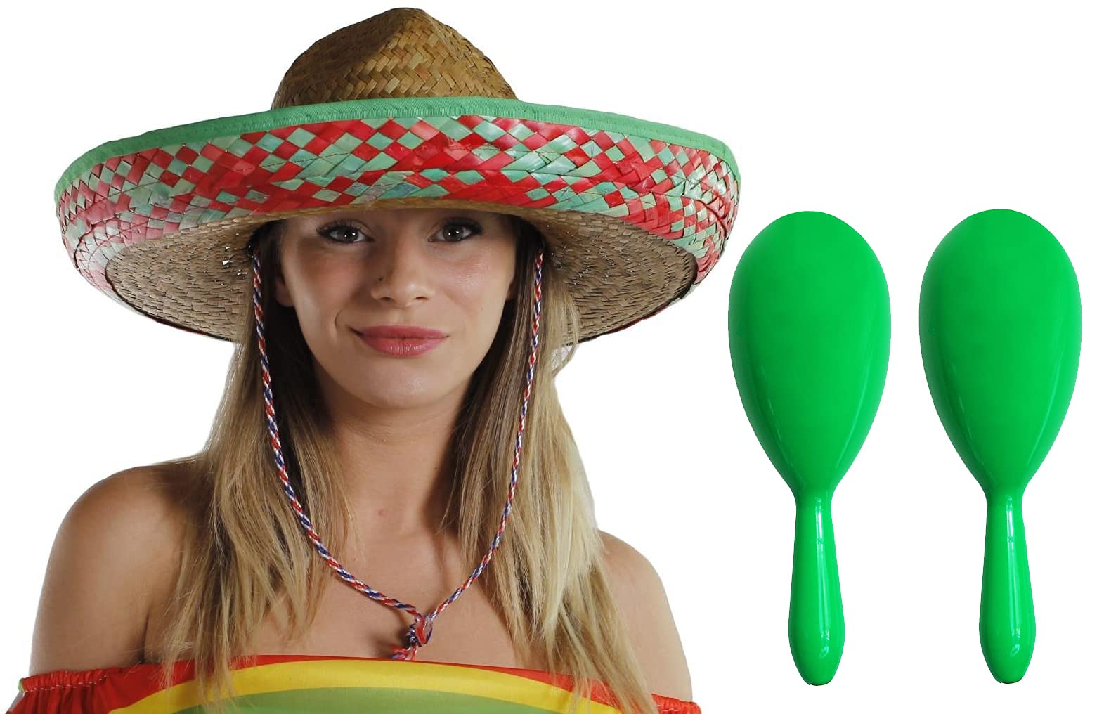 Mexican Sombrero Straw Hat with Maracas - Perfect for Mexican Parties Fiesta Fancy Dress Celebration Hats (6 Green/Red Hats + Matching Maracas)