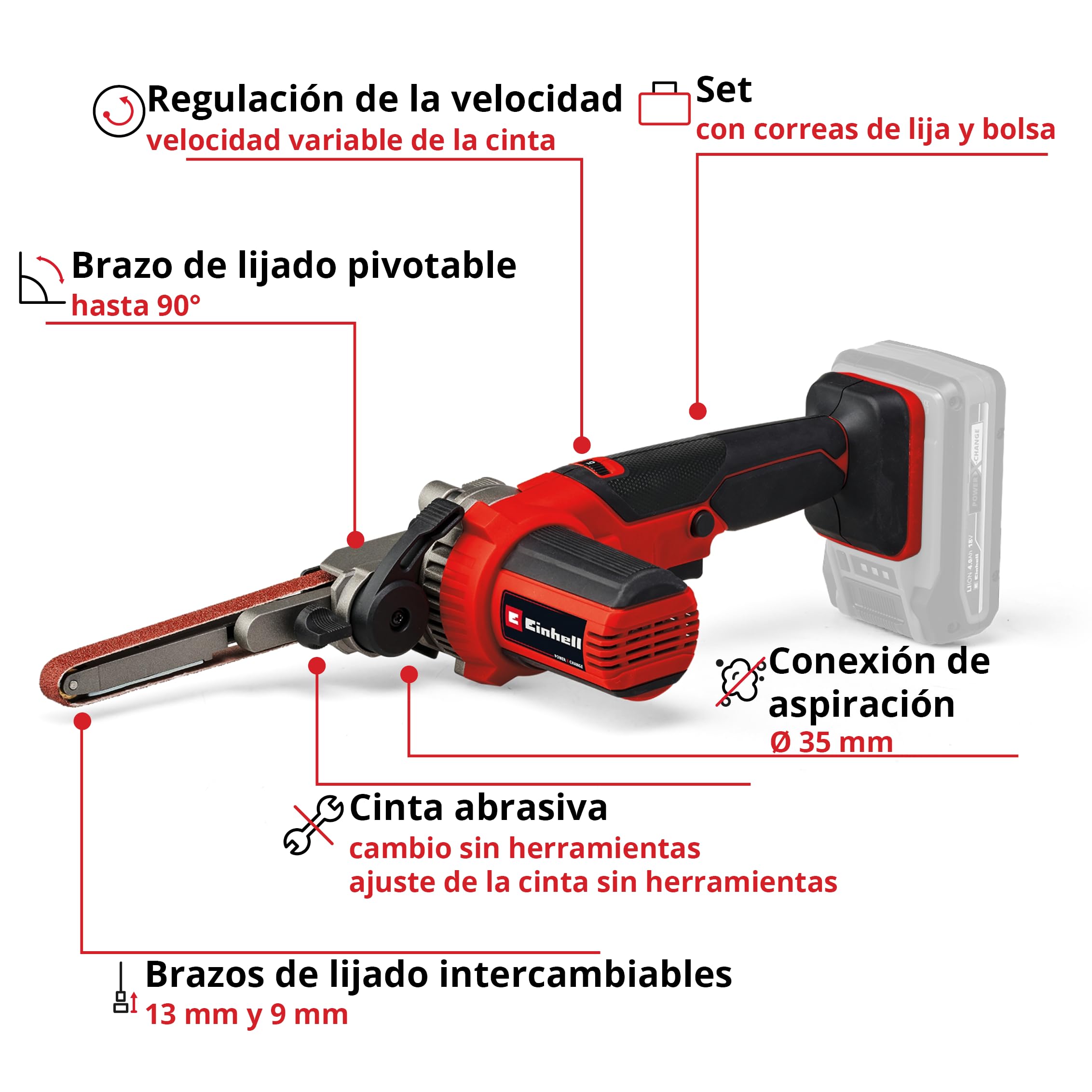 Einhell Lima de cinta con batería TE-BF 18 Li-Solo Power X-Change (18 V, velocidad hasta 1700 m/min, 2 brazos de lijado de 9 mm y 13 mm, incl. 12 cintas abrasivas, sin batería)