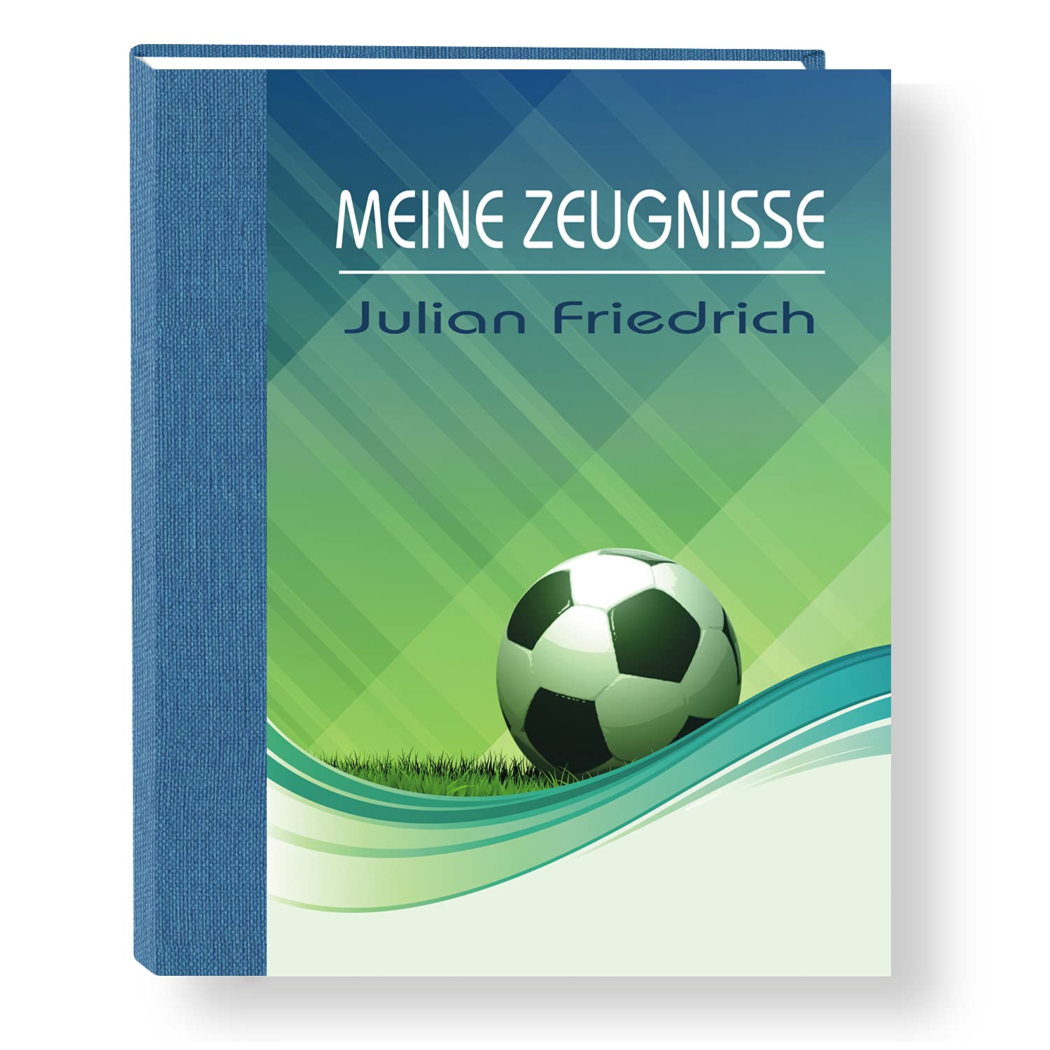 Zeugnismappe personalisiert Soccer A4 ca. 31x24 cm, blau grün, Zeugnisbuch Fußball, Urkundenmappe Einschulung, Schulanfang