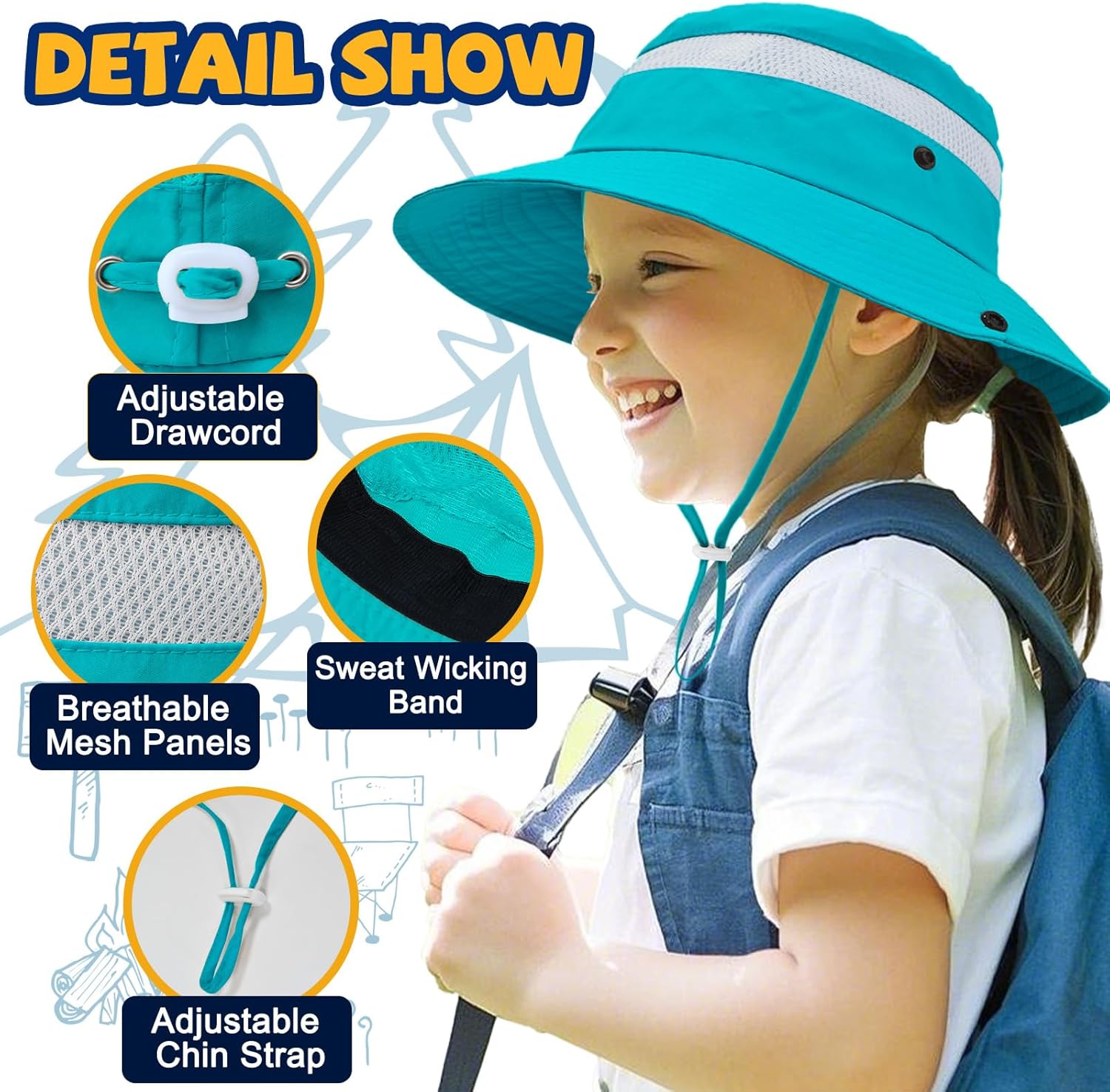 Outdoor Kids Sun Hat for Boys Girls Wide Brim Mesh Bucket Hat UPF 50+ Sun Protection Breathable Summer Fishing Safari Hat - Image 3