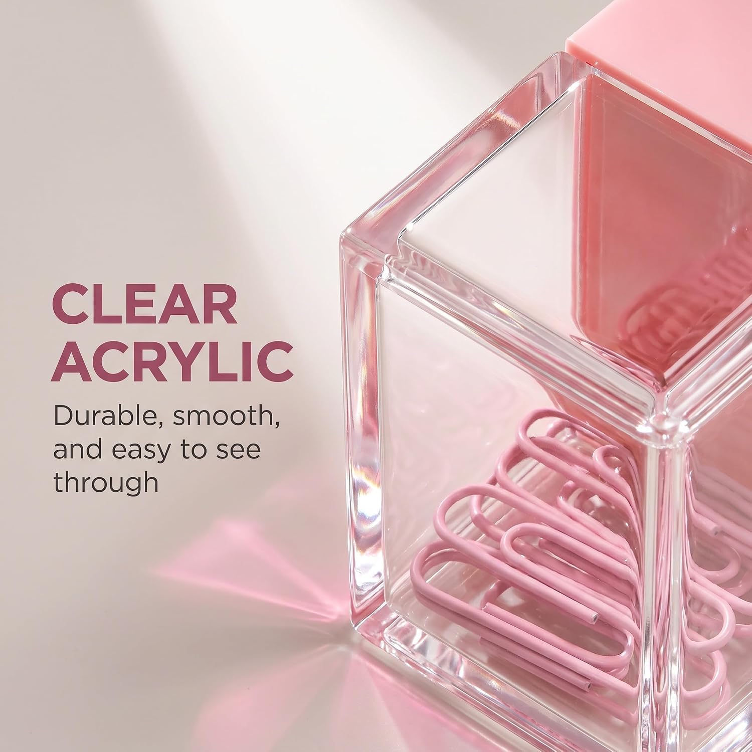 Pink Paper Cilp Dispenser Holder Clear Acrylic Paper Clip Organizers with Top Clip Holders for Desk Cute Office Binder, Office and School Supplies
