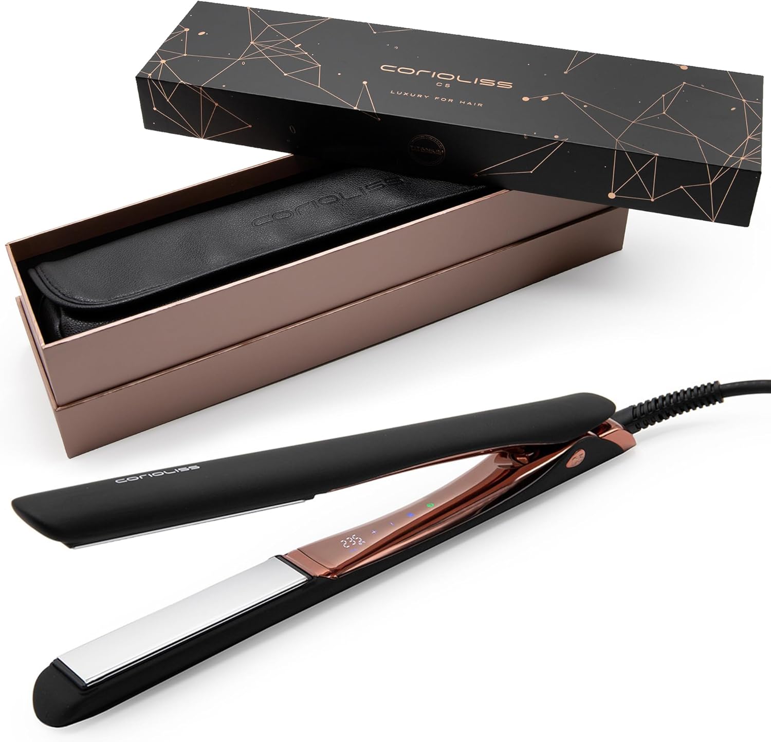 Corioliss C5 Professionele stijltang, titanium platen, perfect voor het gladmaken en golven, tot 235 graden, ionica, Black Copper