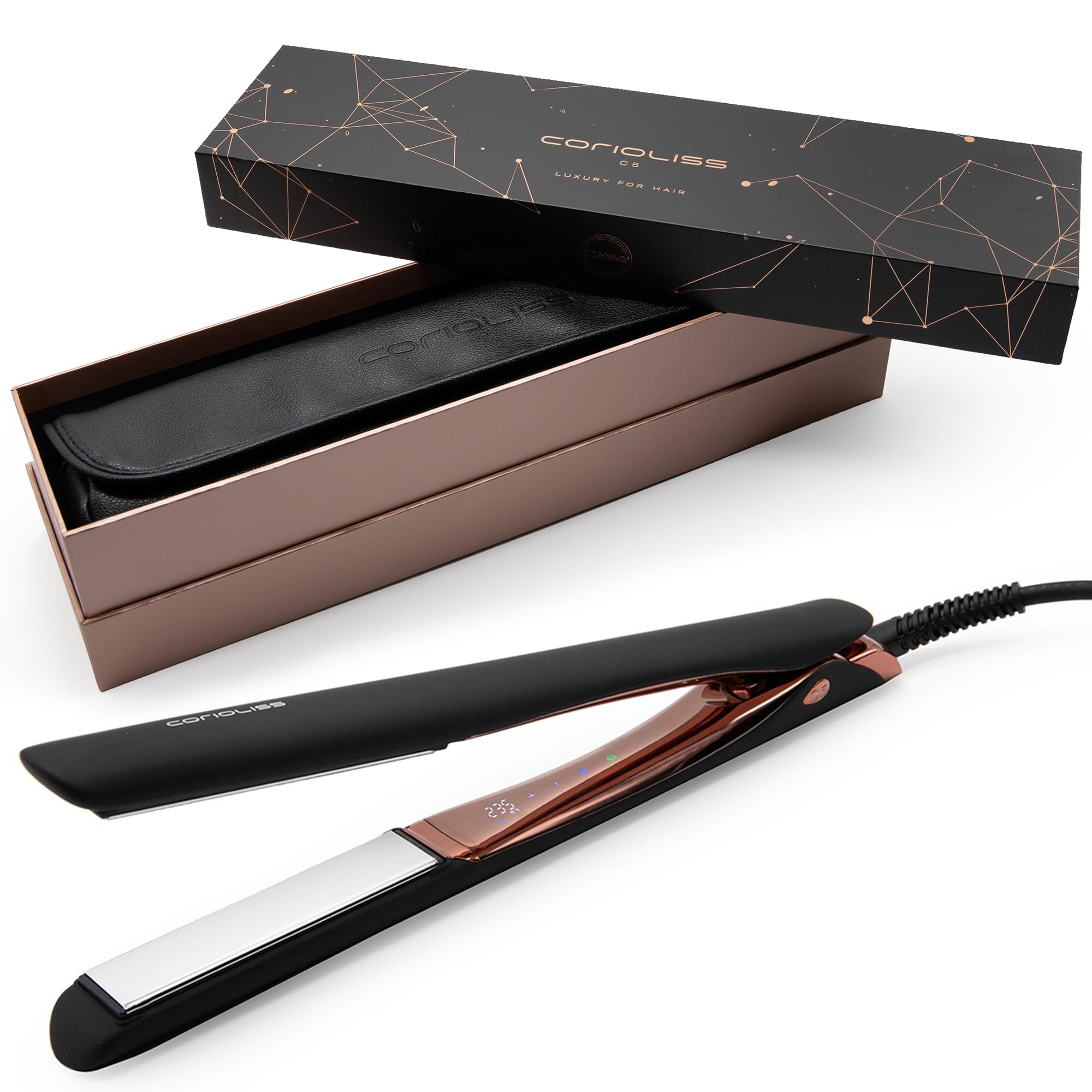 Corioliss C5 | Plancha del Pelo Profesional | Placas de Titanio | Alisado y Ondas | Temperatura Ajustable 80º-​235º | Iónica | Apagado Automático Programable | Con Funda de Viaje | Black Copper