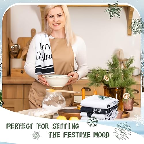 Miniatura 6 de Oudain Juego de 6 toallas de cocina de Navidad, toalla de cocina de Navidad, color negro y blanco, árbol de Navidad, copo de nieve, camión, kit de