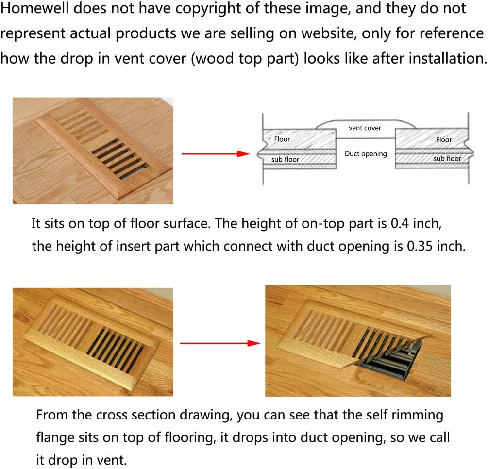 Homewell 2 Pcs Red Oak Wood Floor Register, Drop in Vent, 4x14 Inch, with Damper, Unfinished
