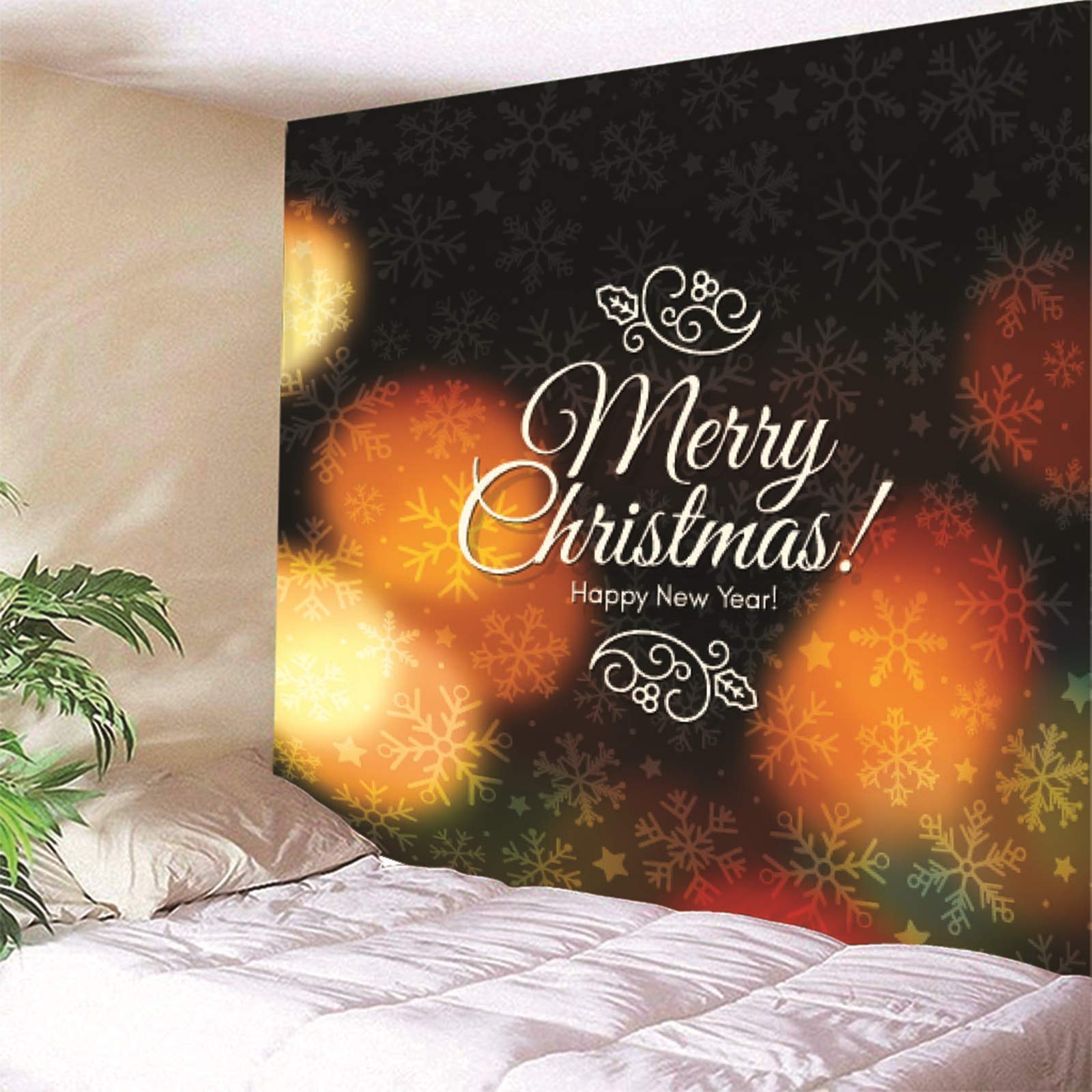 Tapiz Yoga Suelo, Decoracion de Navidad para Exterior Copos de Nieve Feliz Navidad Feliz Año Nuevo Amarillo Marron Poliéster Papel Tapiz Decorativos 260X240cm
