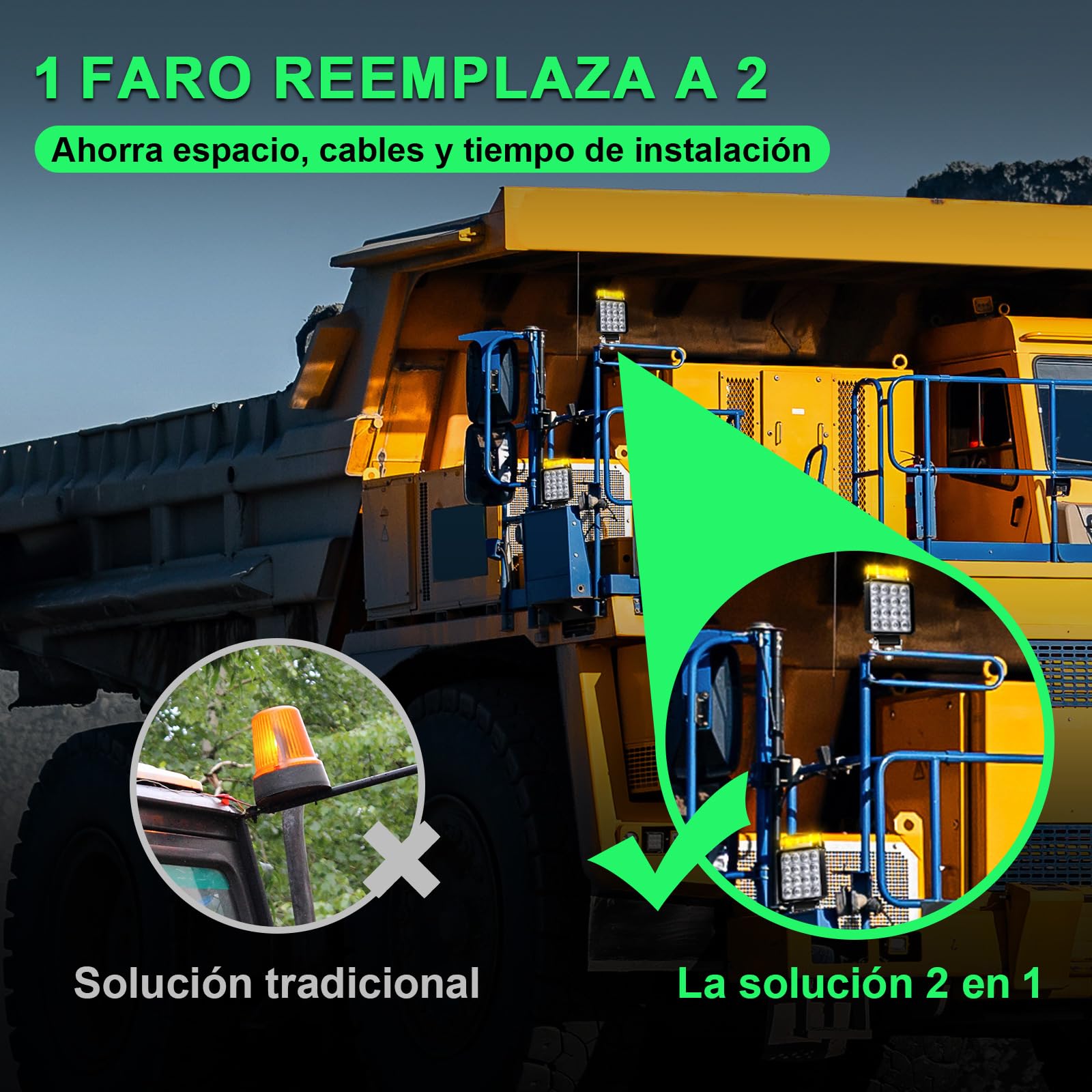 2x Faros de Trabajo LED con Luz de Advertencia (10 Modos), 18W 12V 24V Foco Adicional para Tractor, Camión y Excavadora, IP68 Impermeable y Resistente al Barro, 2 en 1 Luz de Marcha Atrás