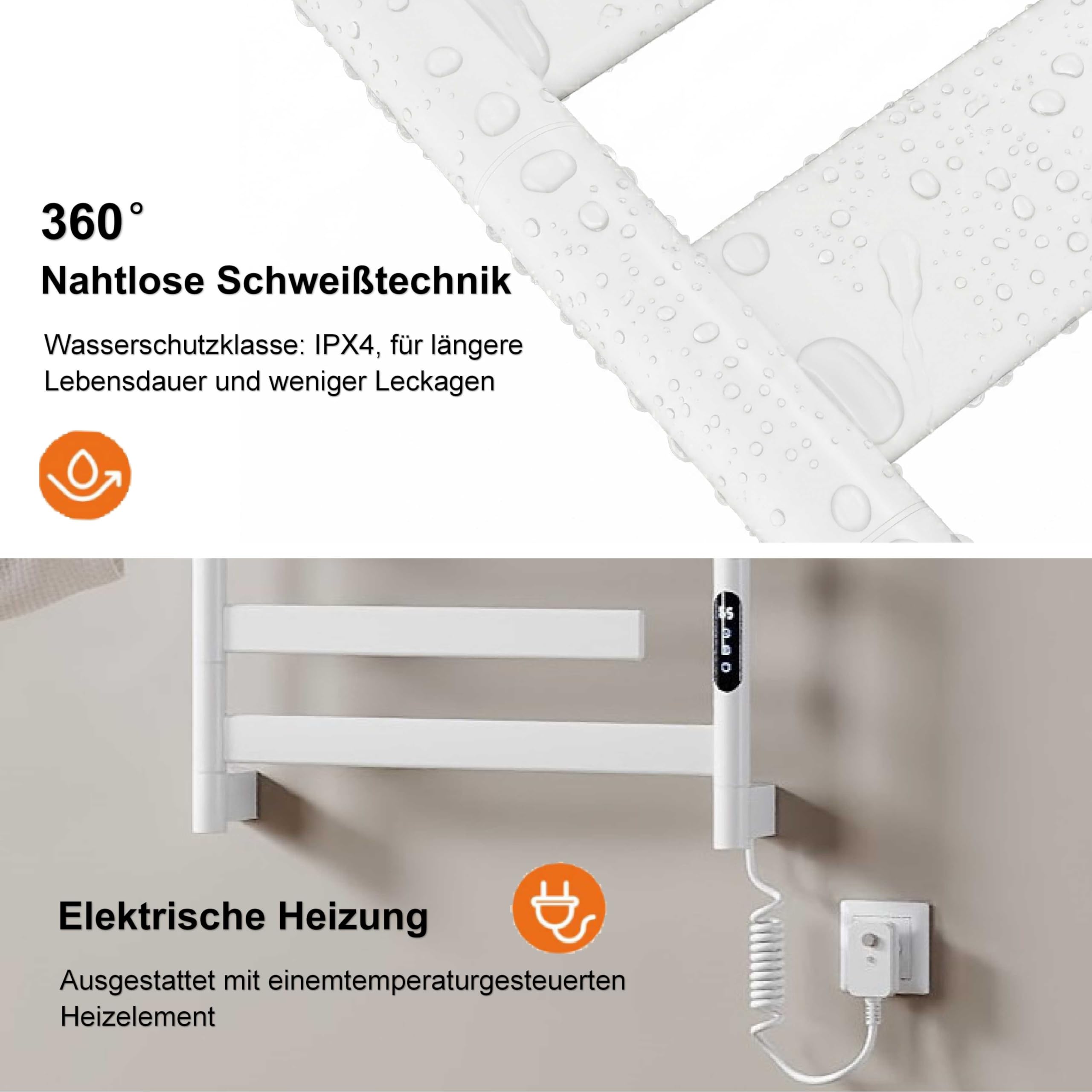 Handtuchheizkörper Elektrisch 66 x 55cm, 180° Drehung Handtuchwärmer Elektrisch mit Heiz-Ablage, WiFi Smart Thermostat für Alexa und Google Home, 30-70°C, 140W, Weiß, IPX4, Fehlerstromschutz