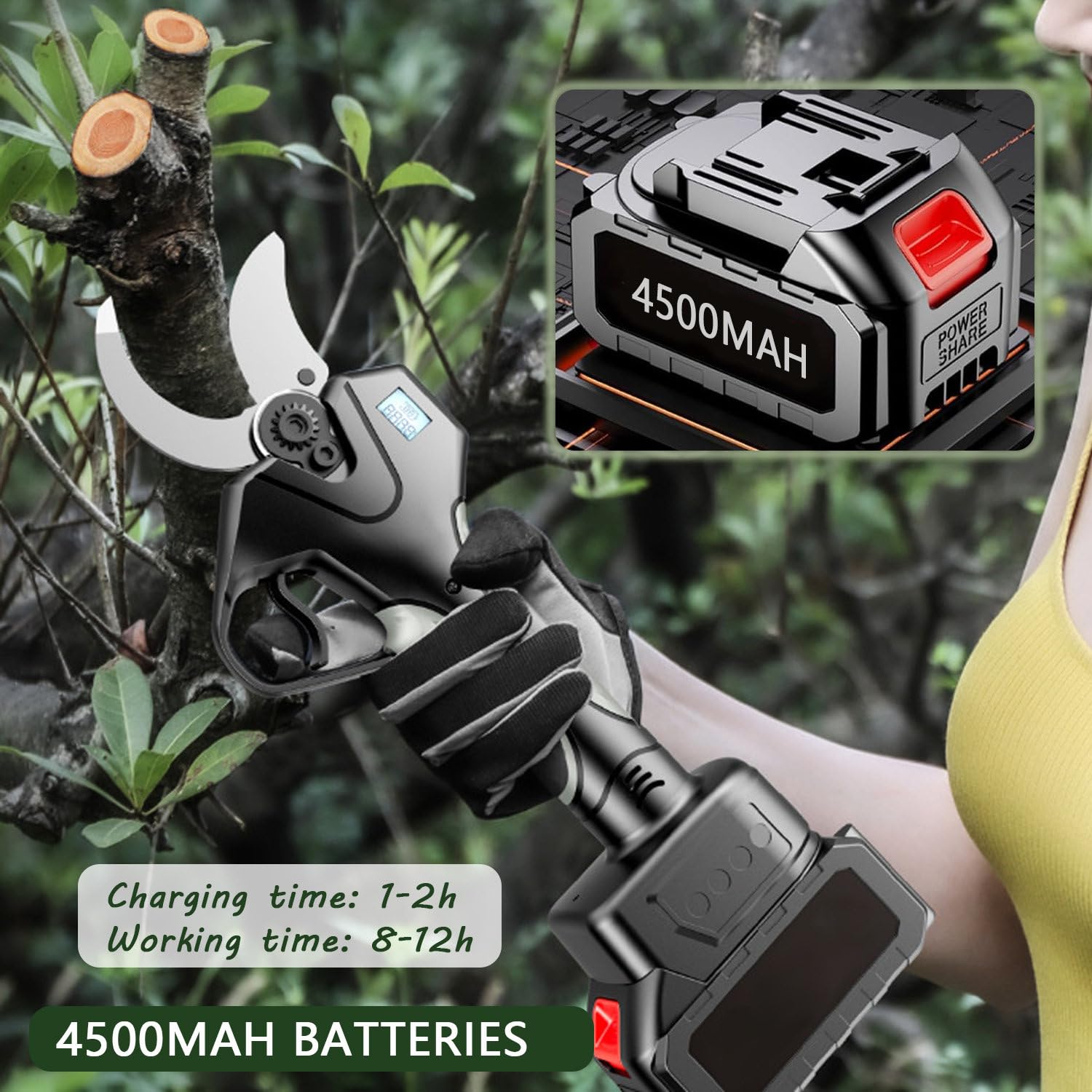 Potatore Telescopico per Alberi, Forbici Elettriche a Batteria da 50mm con Asta da 1.3-2.1M, 2 Batterie da 4500 mAh, Forbici da Potatura per Vigneti, Ulivi, Giardinaggio
