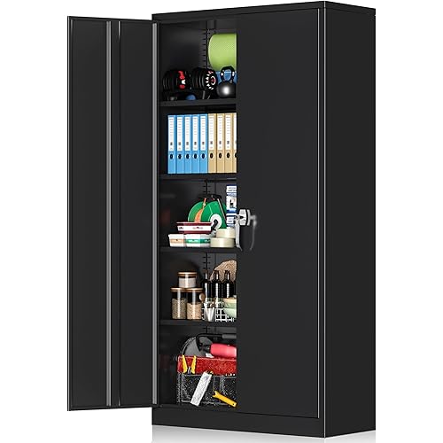 INTERGREAT Garage Storage Cabinets with Doors and Shelves, 72" Black Steel Tool Locking Cabinet, Metal Storage Cabinet for Home Office, Warehouse, School